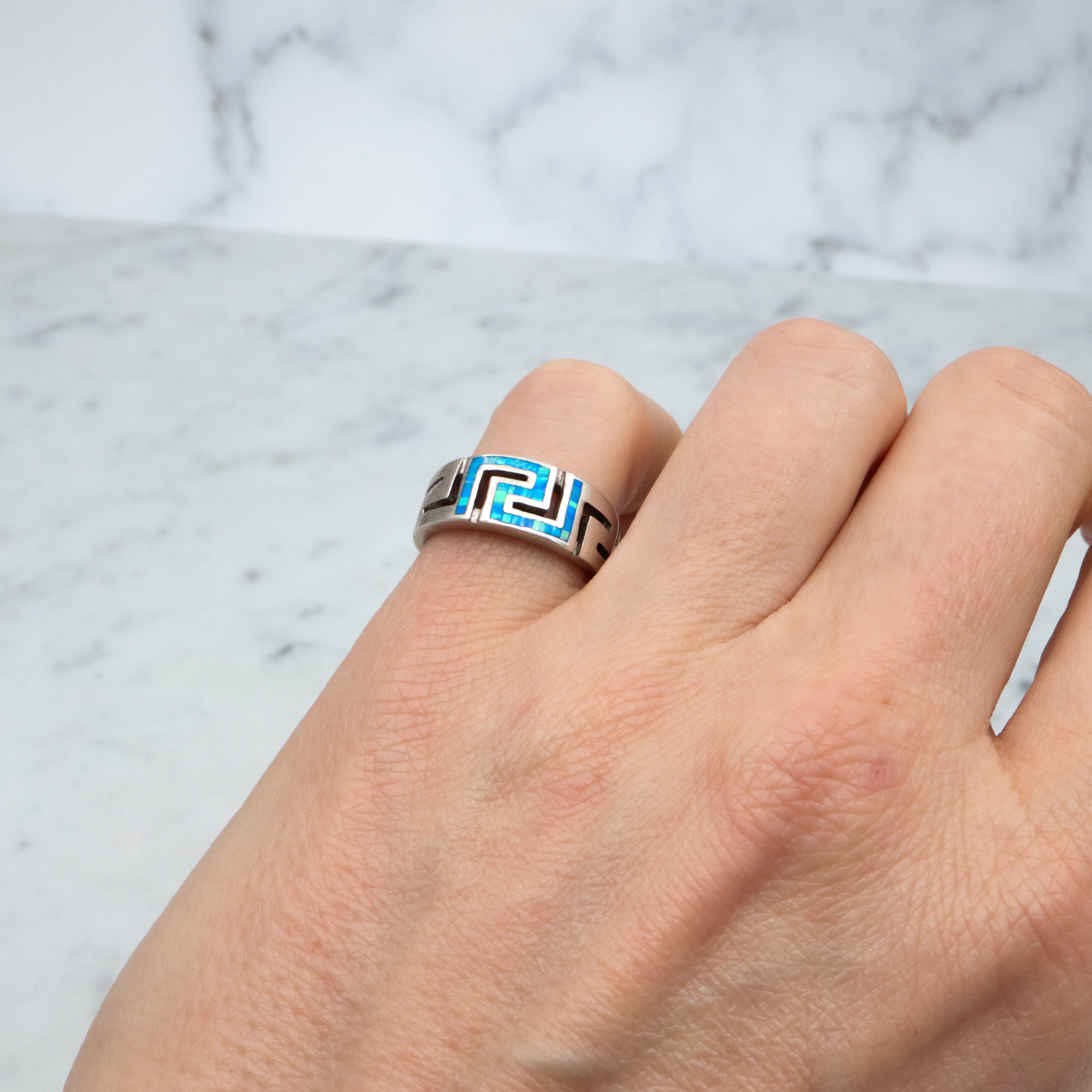 Vintage sterling opal inlay greek key ring, sz 5.5