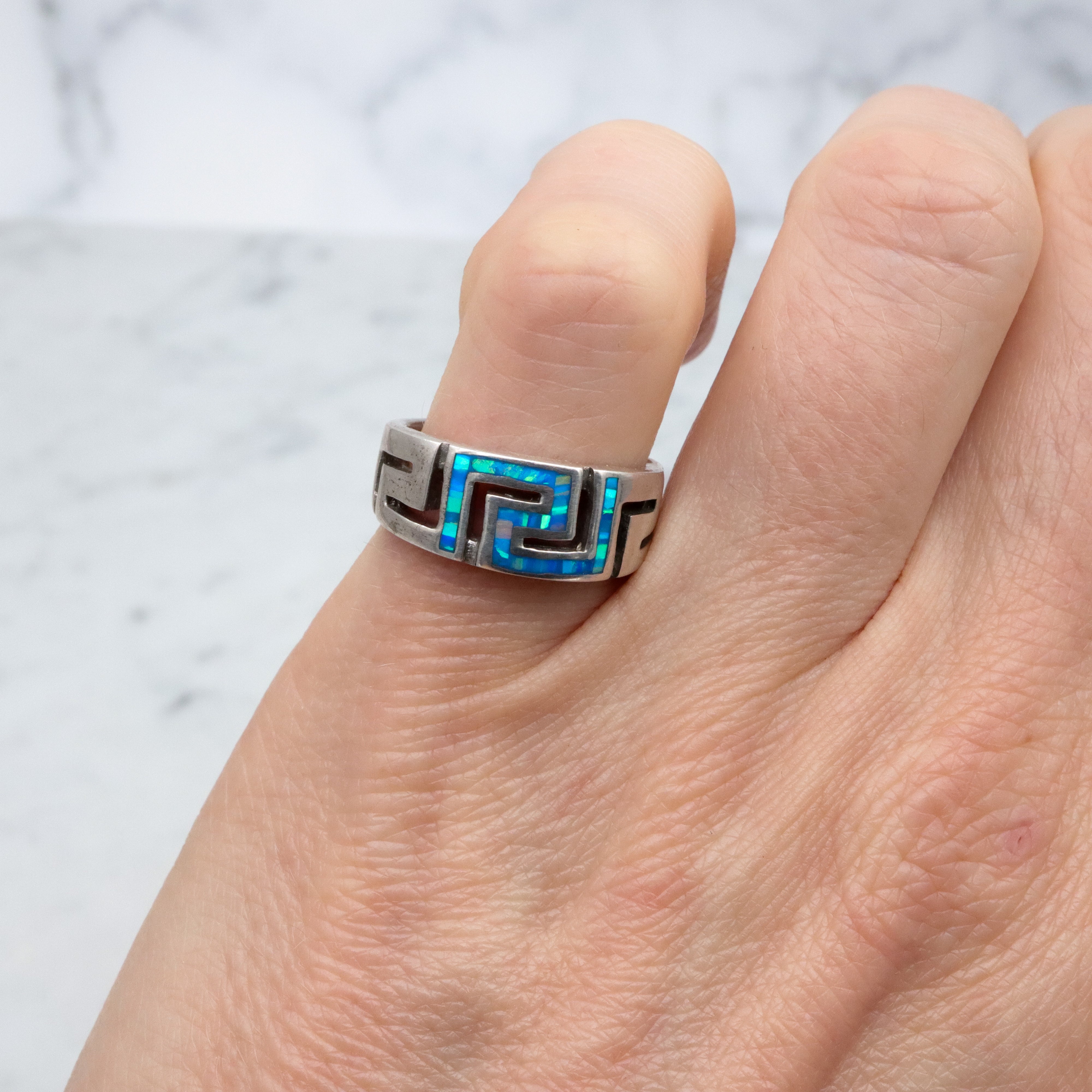 Vintage sterling opal inlay greek key ring, sz 5.5