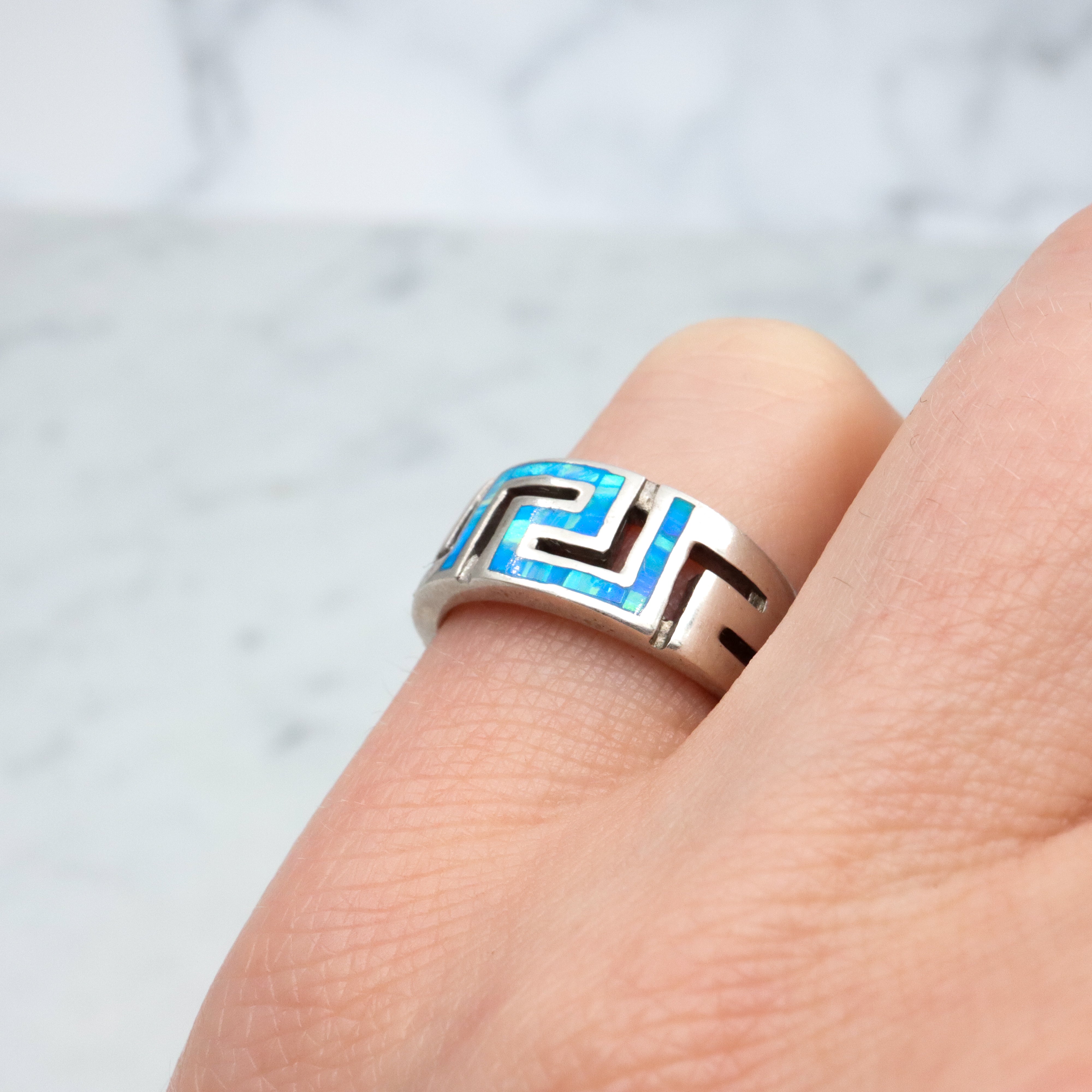 Vintage sterling opal inlay greek key ring, sz 5.5