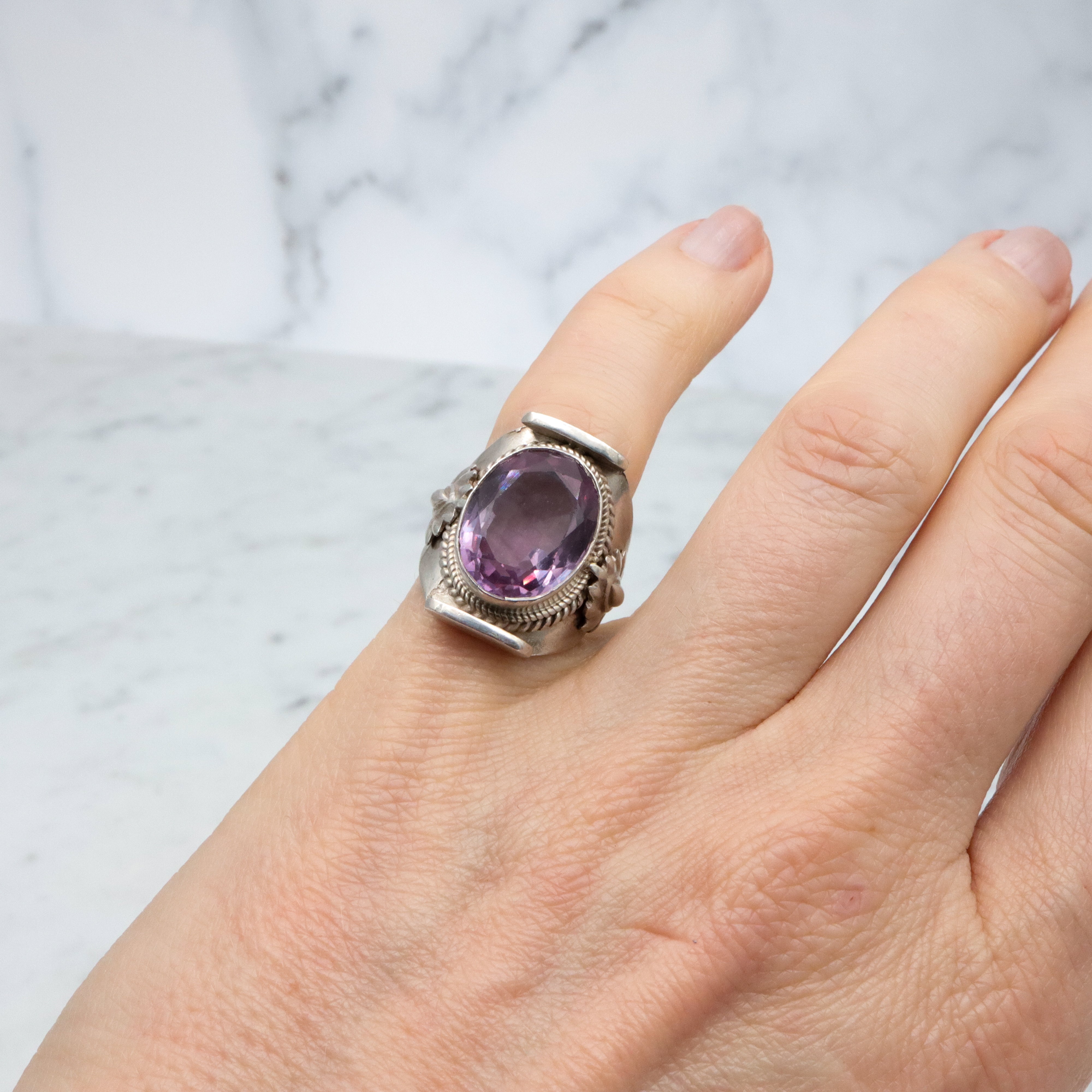 Vintage simulated purple sapphire sterling ring, sz 4.5