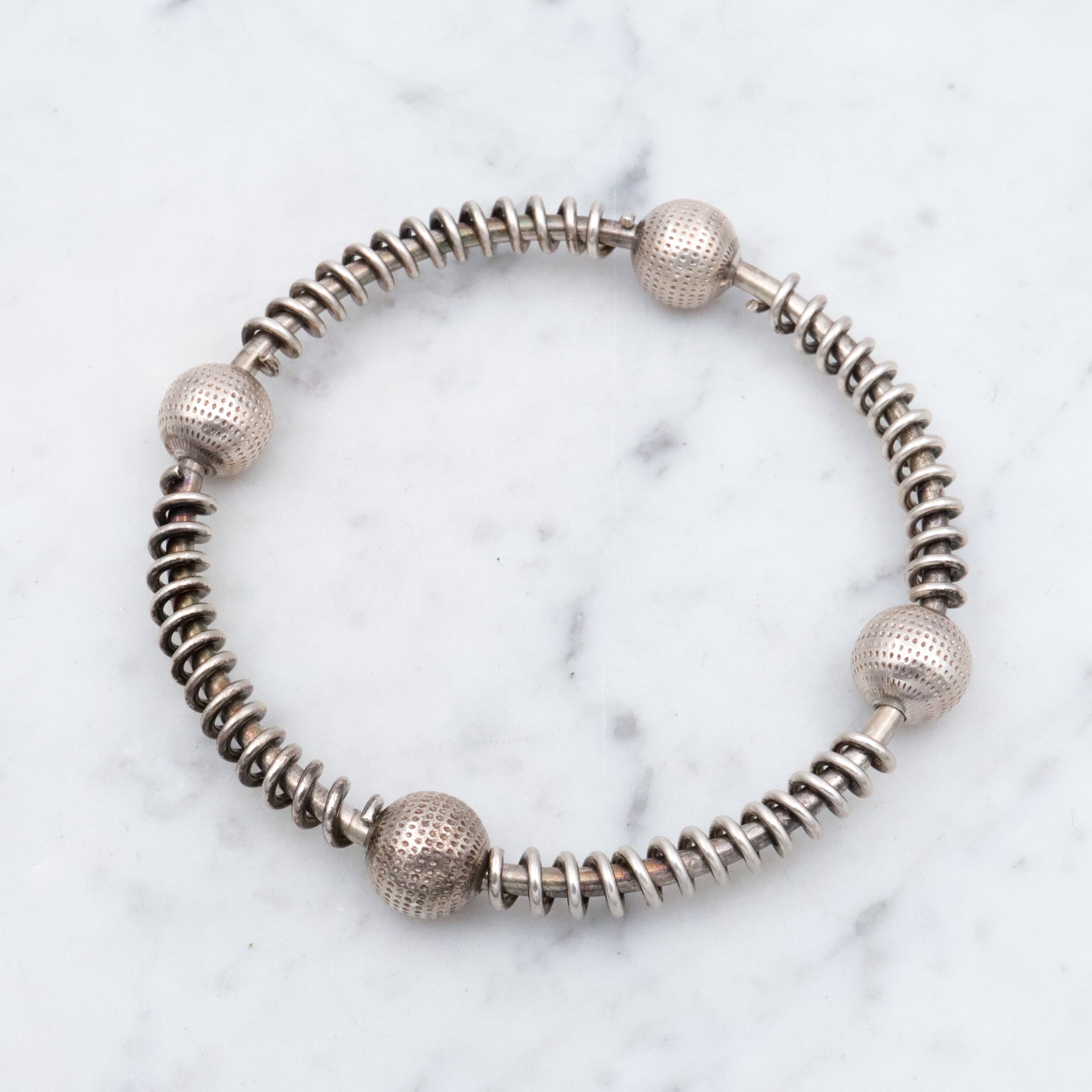 Unique Modernist handmade sterling spiral & sphere bangle bracelet
