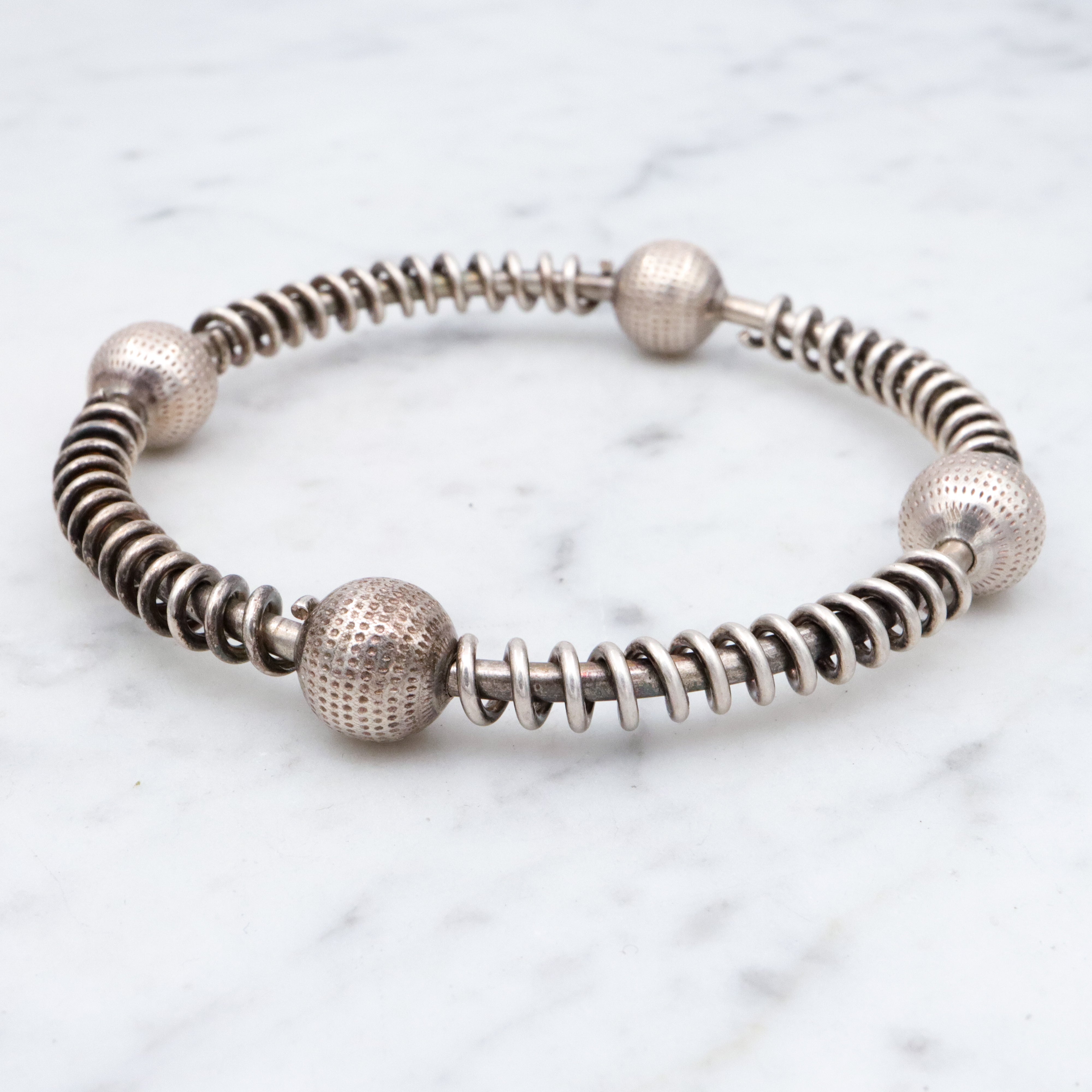 Unique Modernist handmade sterling spiral & sphere bangle bracelet