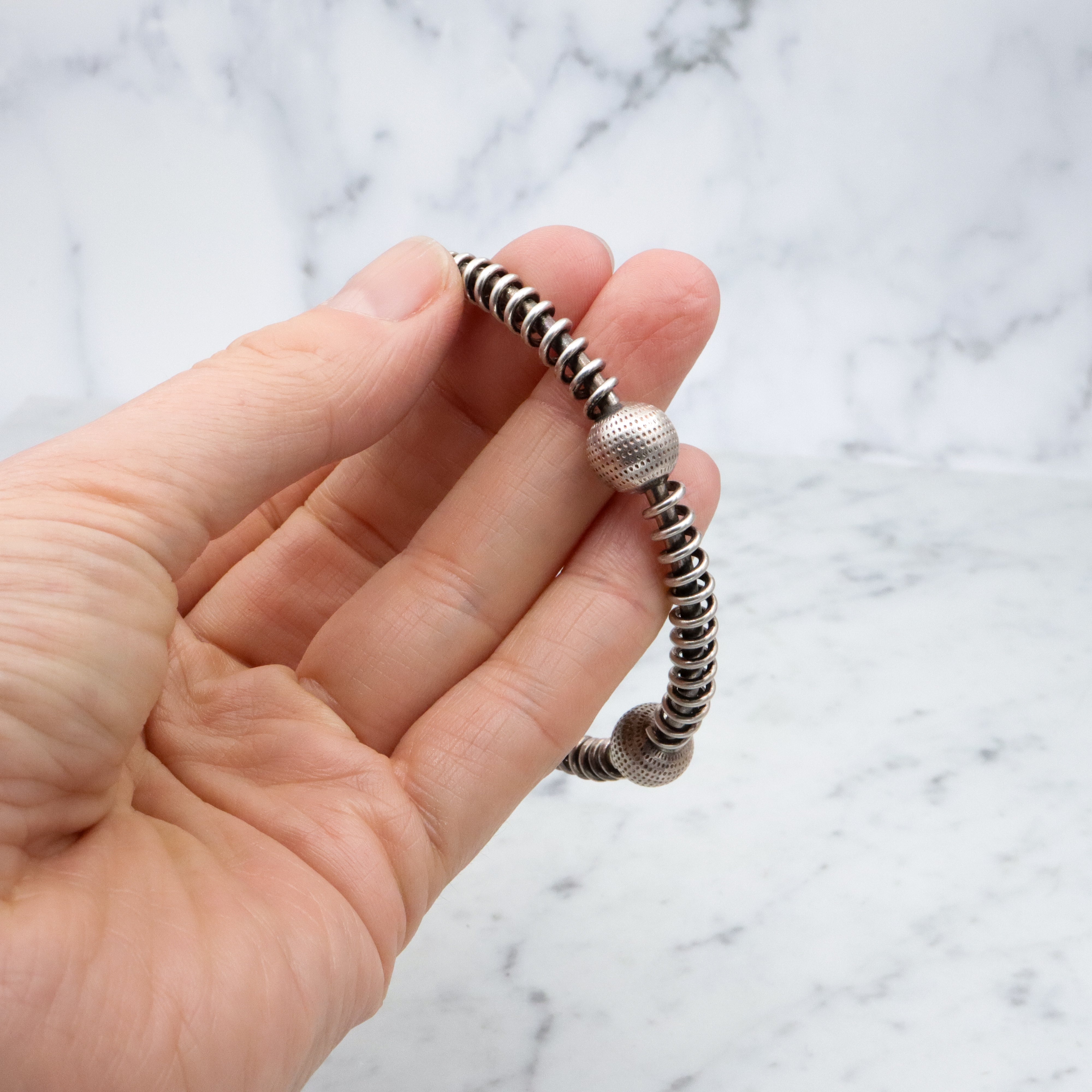 Unique Modernist handmade sterling spiral & sphere bangle bracelet
