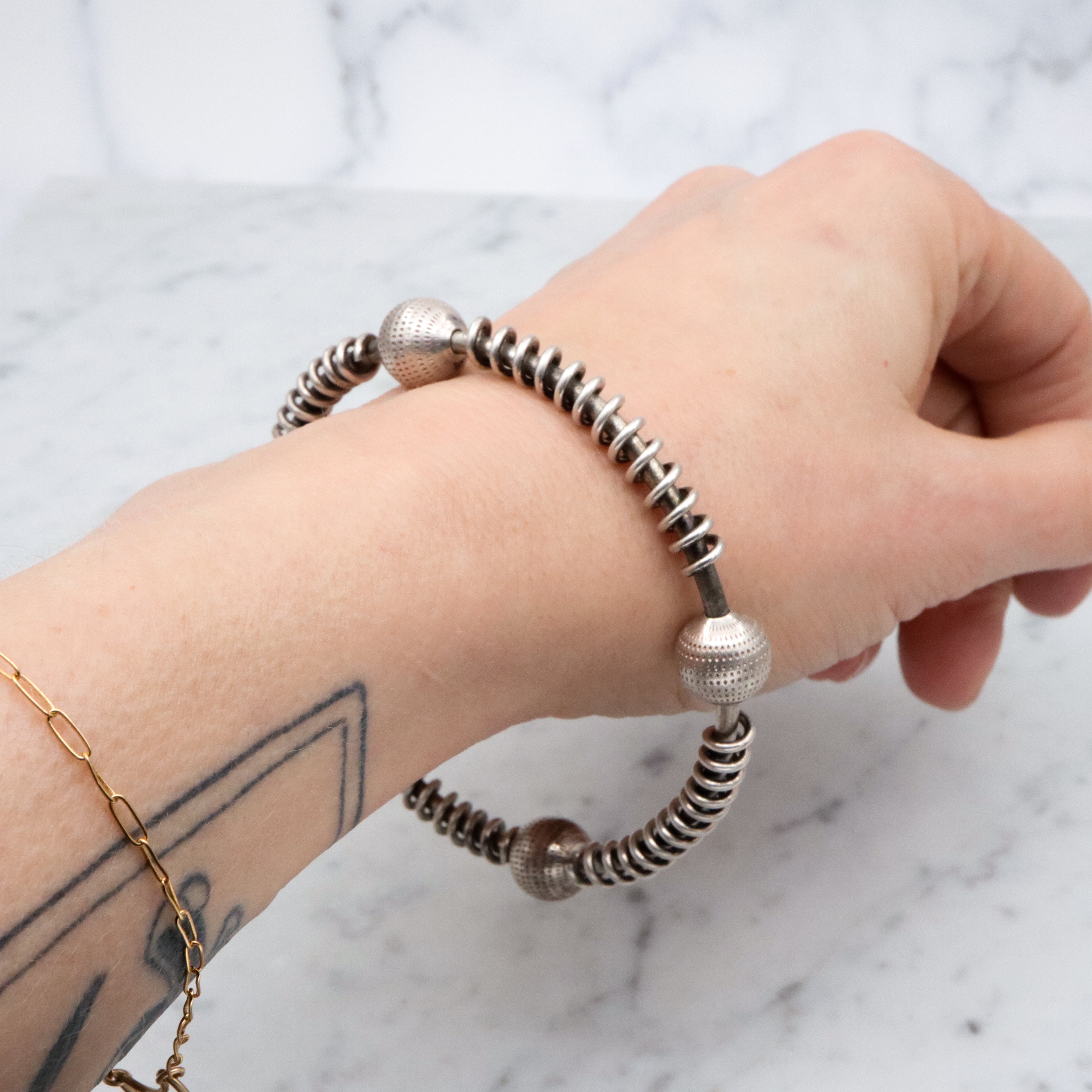Unique Modernist handmade sterling spiral & sphere bangle bracelet