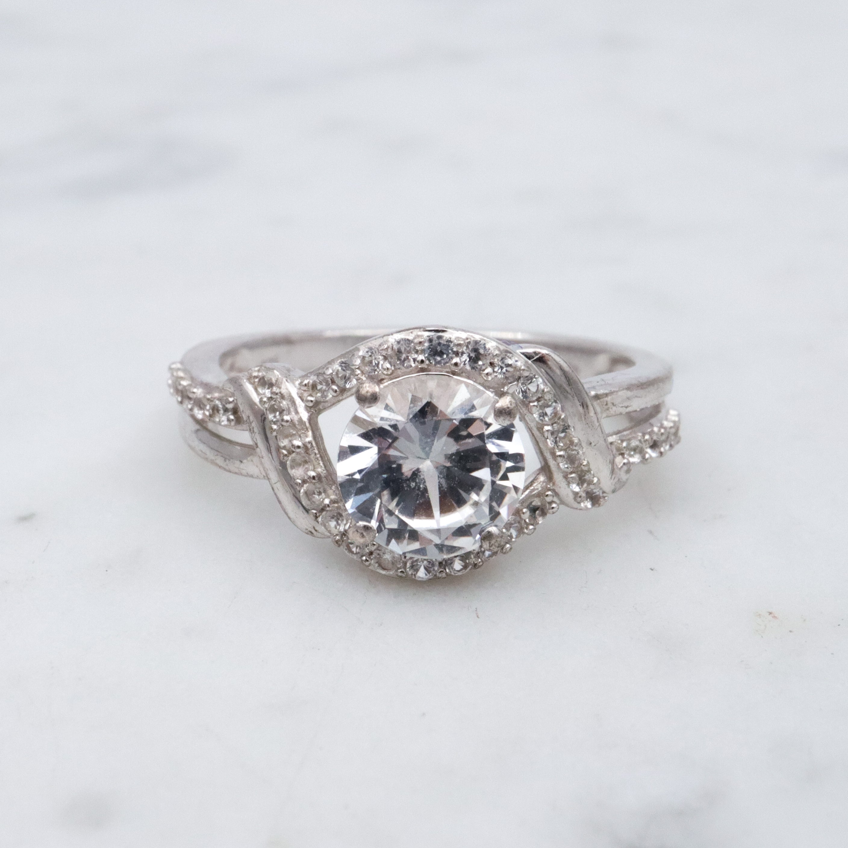 Retro sterling white topaz ring, sz 7