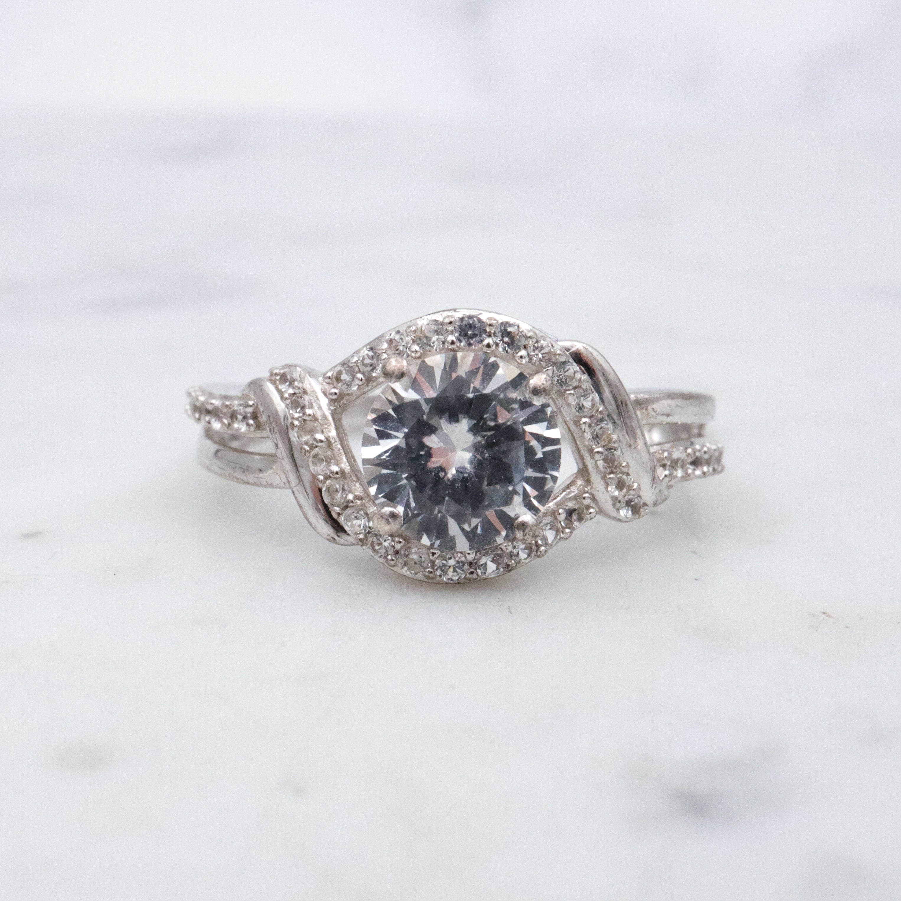 Retro sterling white topaz ring, sz 7