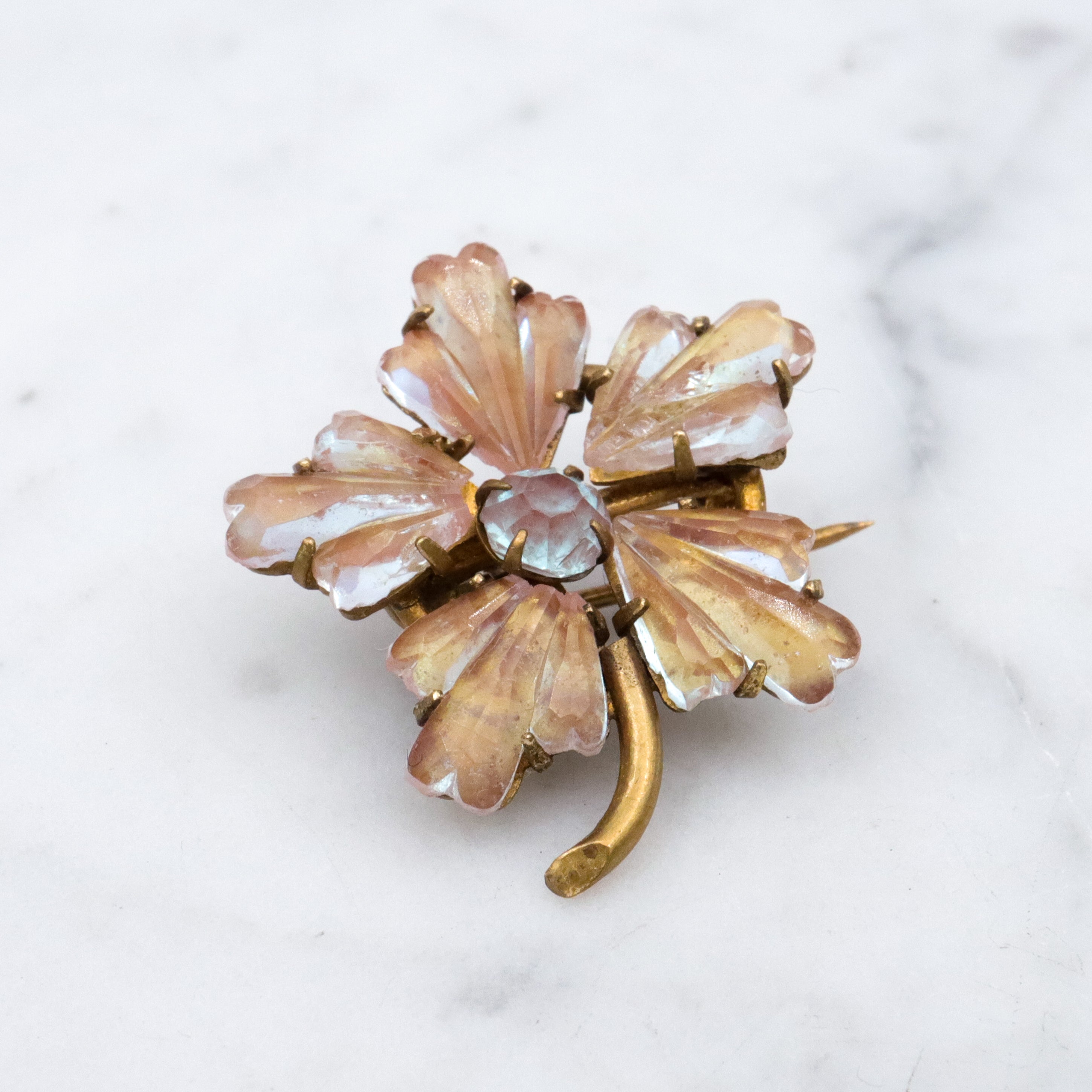 Antique Victorian saphiret gem flower gilt metal brooch