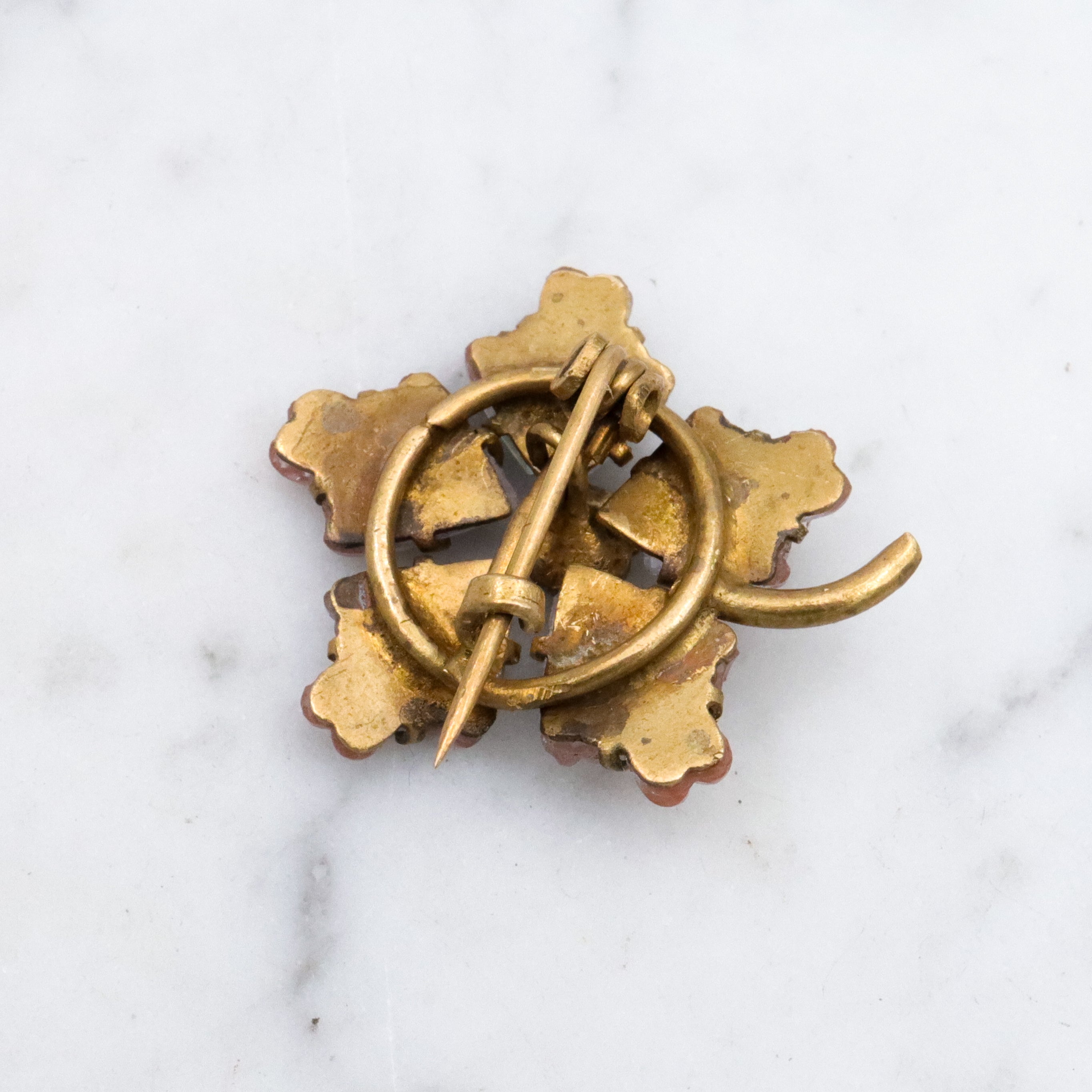 Antique Victorian saphiret gem flower gilt metal brooch