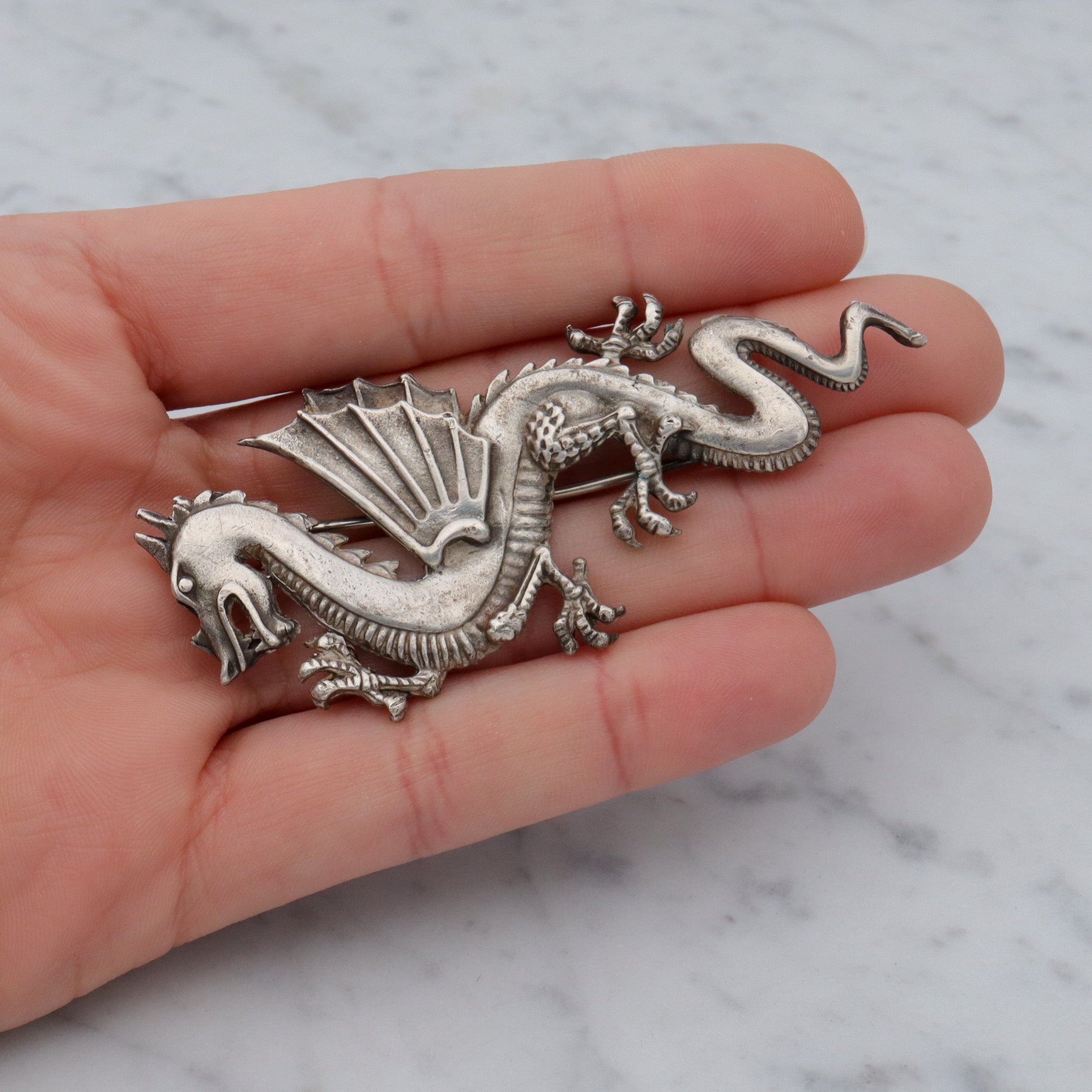 Large Handmade sterling Chinese dragon brooch