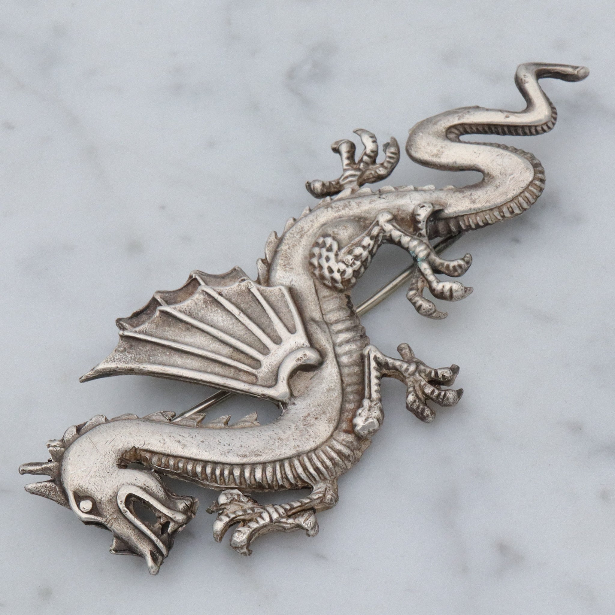 Large Handmade sterling Chinese dragon brooch