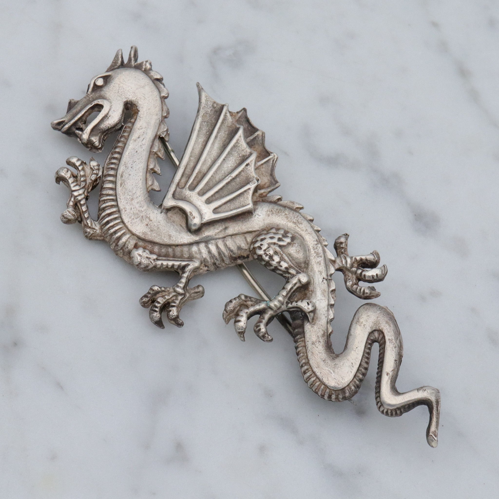 Large Handmade sterling Chinese dragon brooch