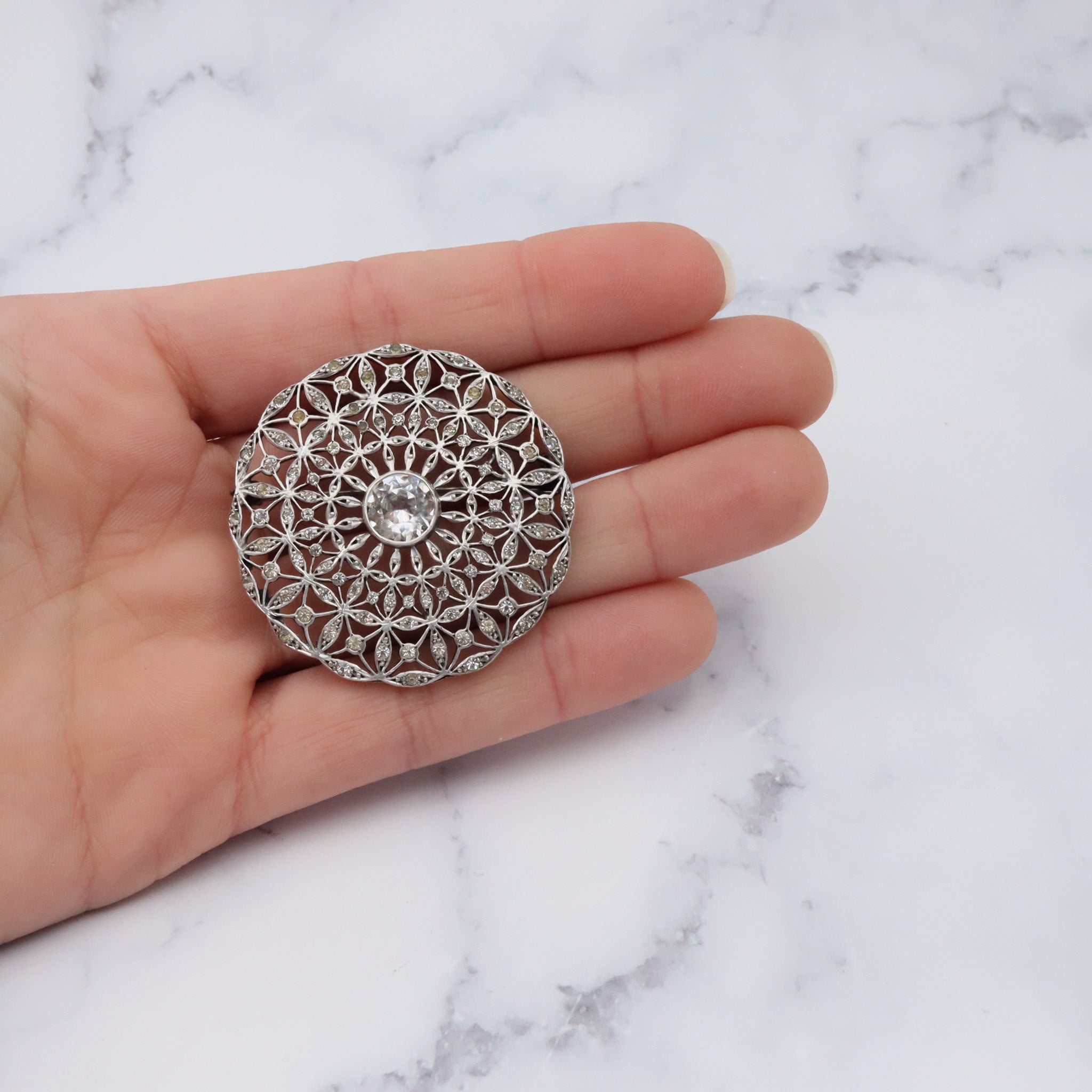 Antique French Art Deco .900 silver & paste filigree circle brooch by Andre Godefroy