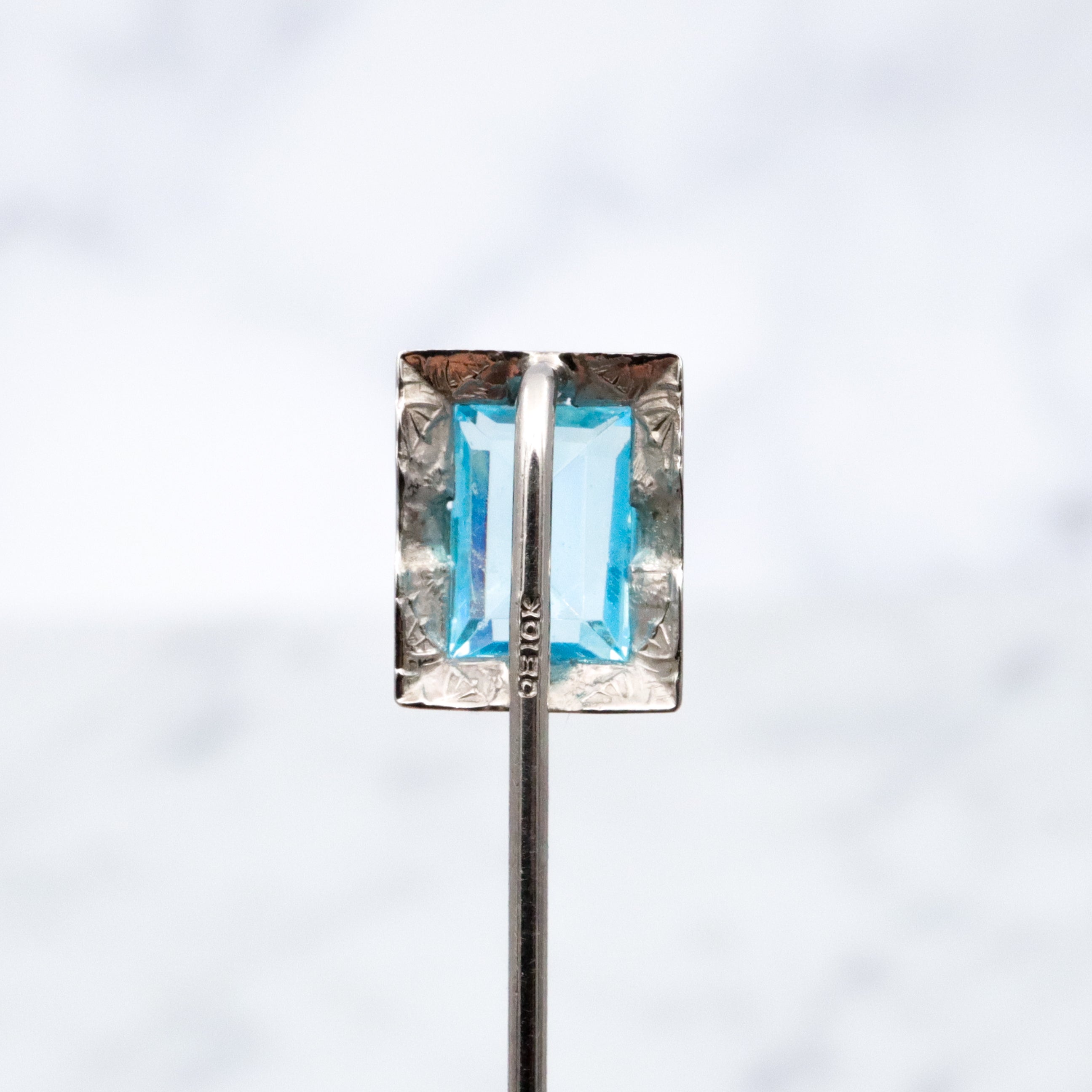Antique Art Deco Ostby Barton 10k white gold faux aquamarine stick pin