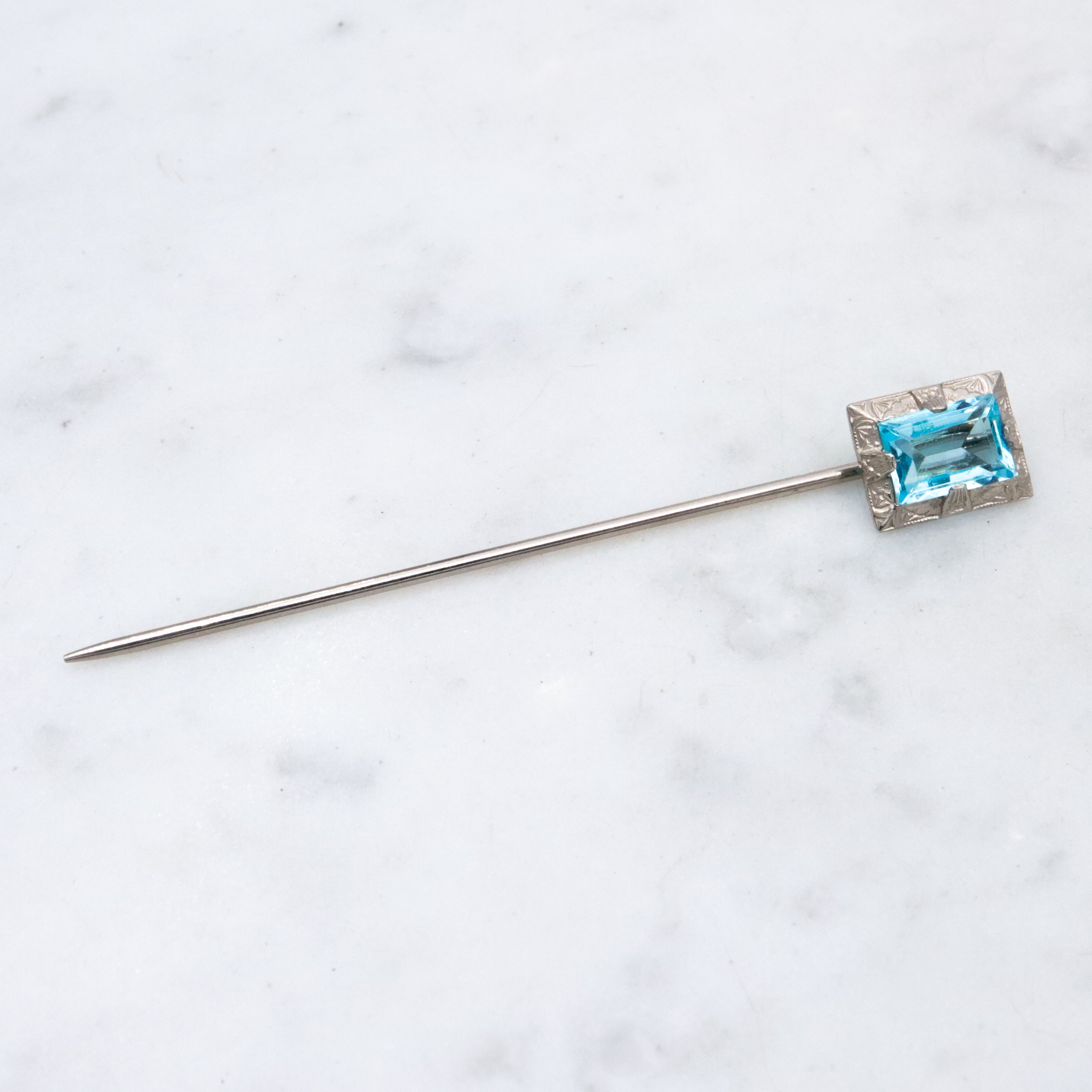 Antique Art Deco Ostby Barton 10k white gold faux aquamarine stick pin