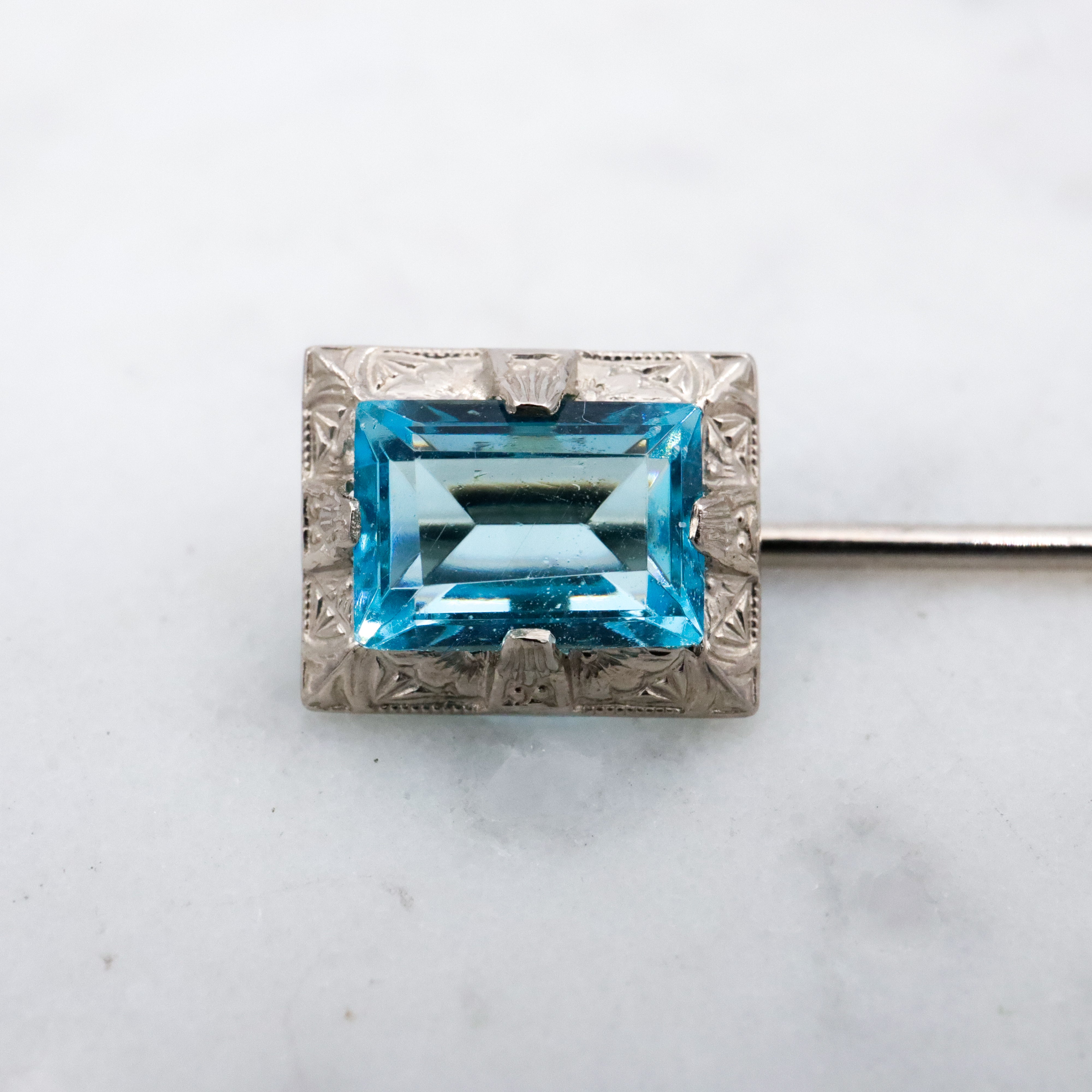 Antique Art Deco Ostby Barton 10k white gold faux aquamarine stick pin