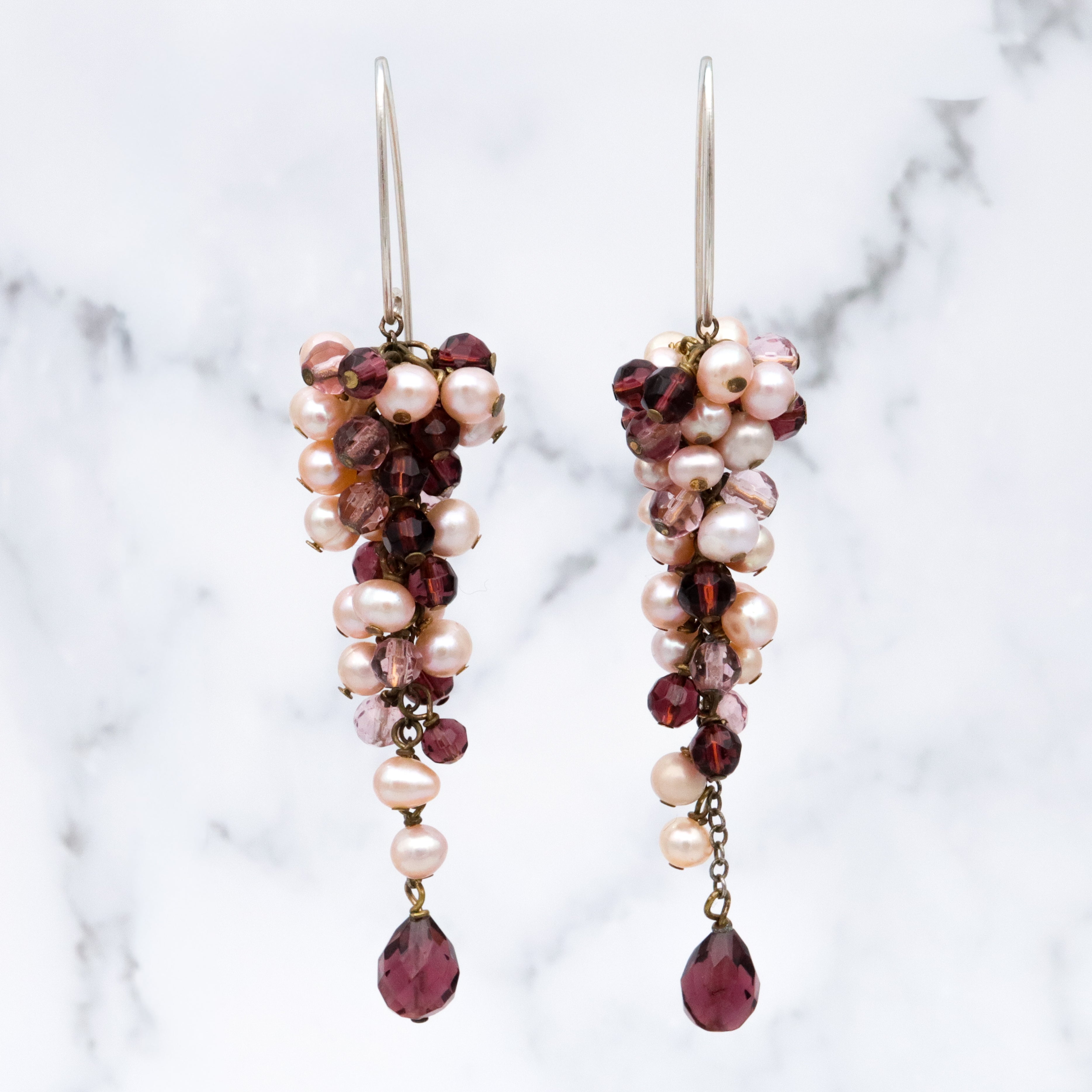 Vintage champagne pearl & amethyst glass beaded grape cluster drop earrings