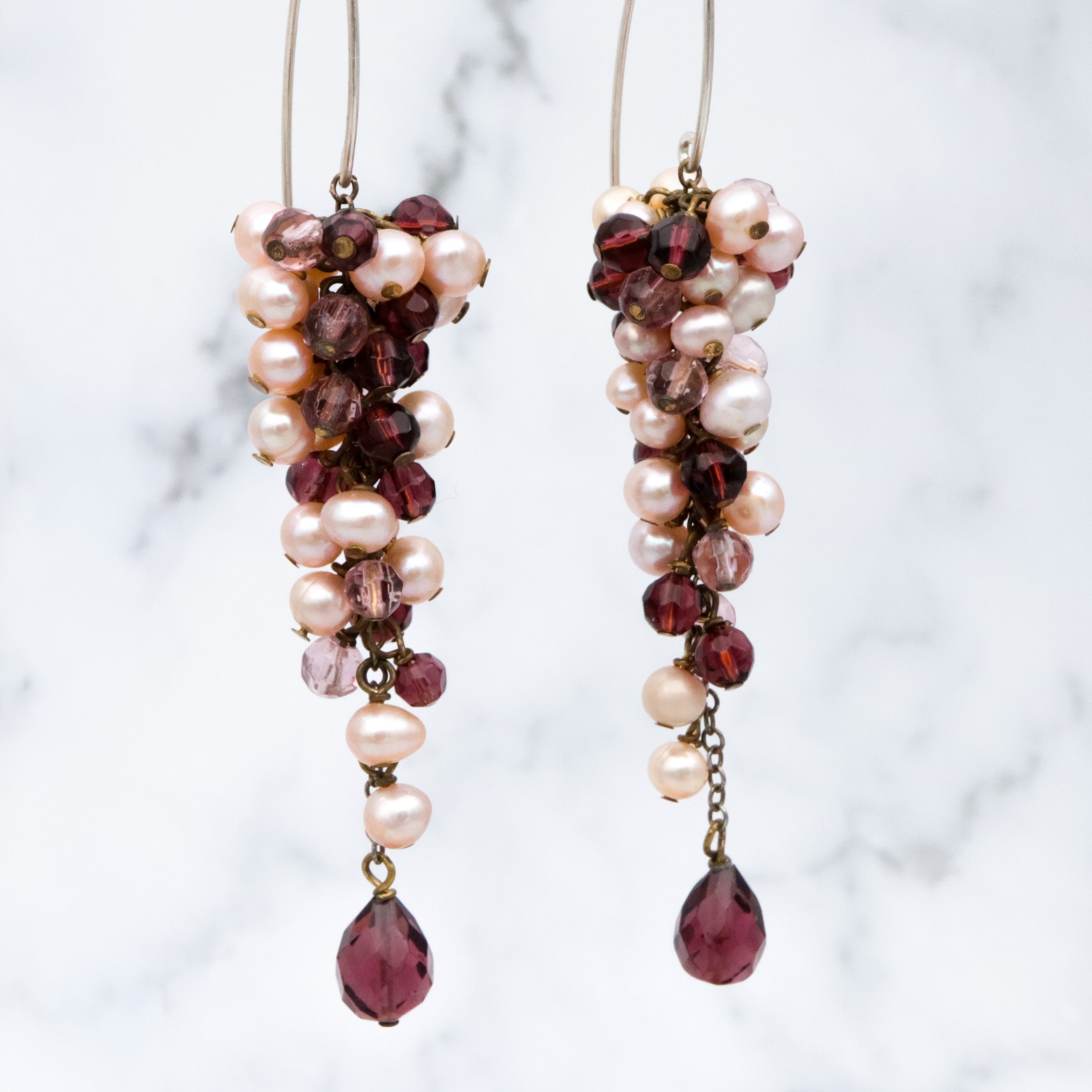 Vintage champagne pearl & amethyst glass beaded grape cluster drop earrings