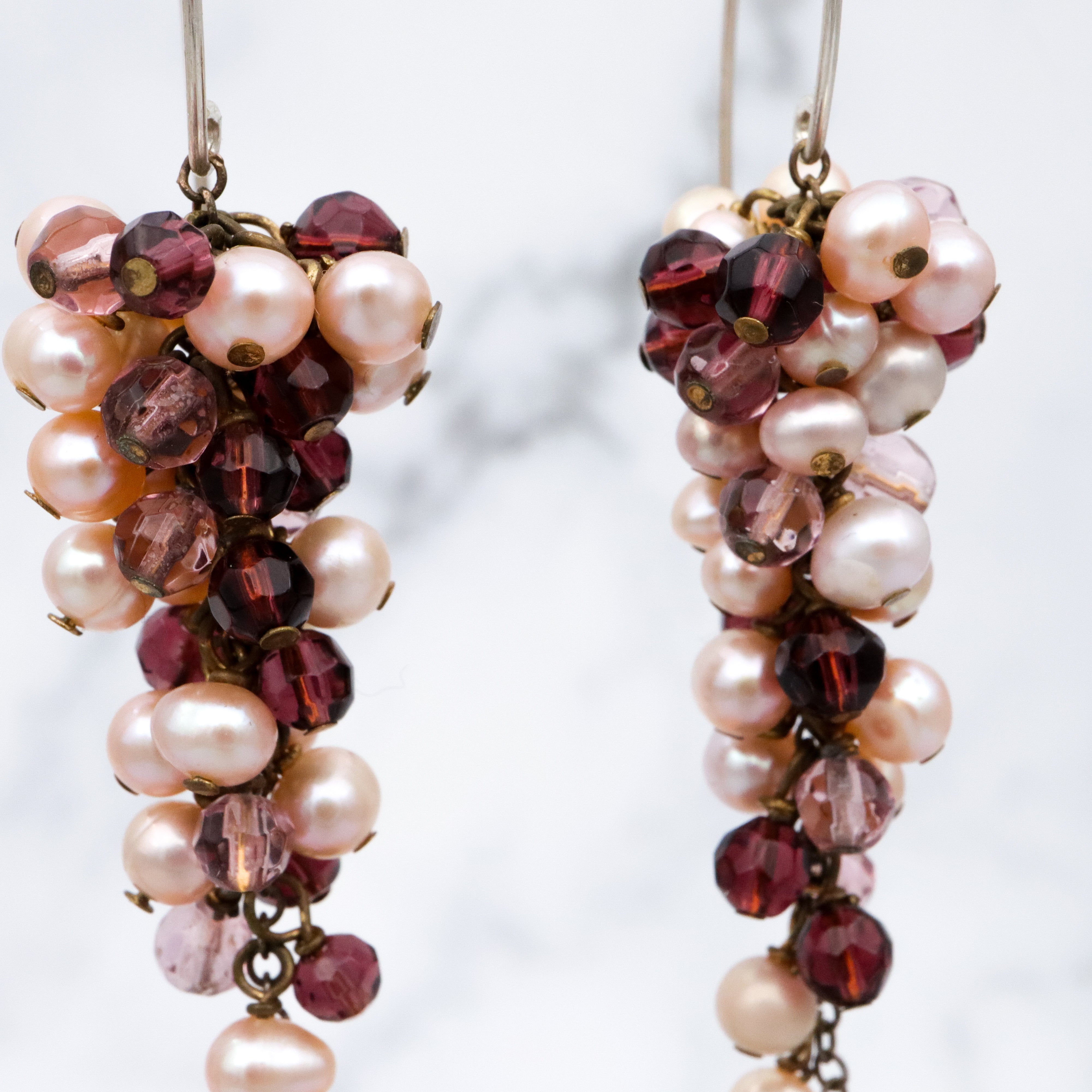 Vintage champagne pearl & amethyst glass beaded grape cluster drop earrings