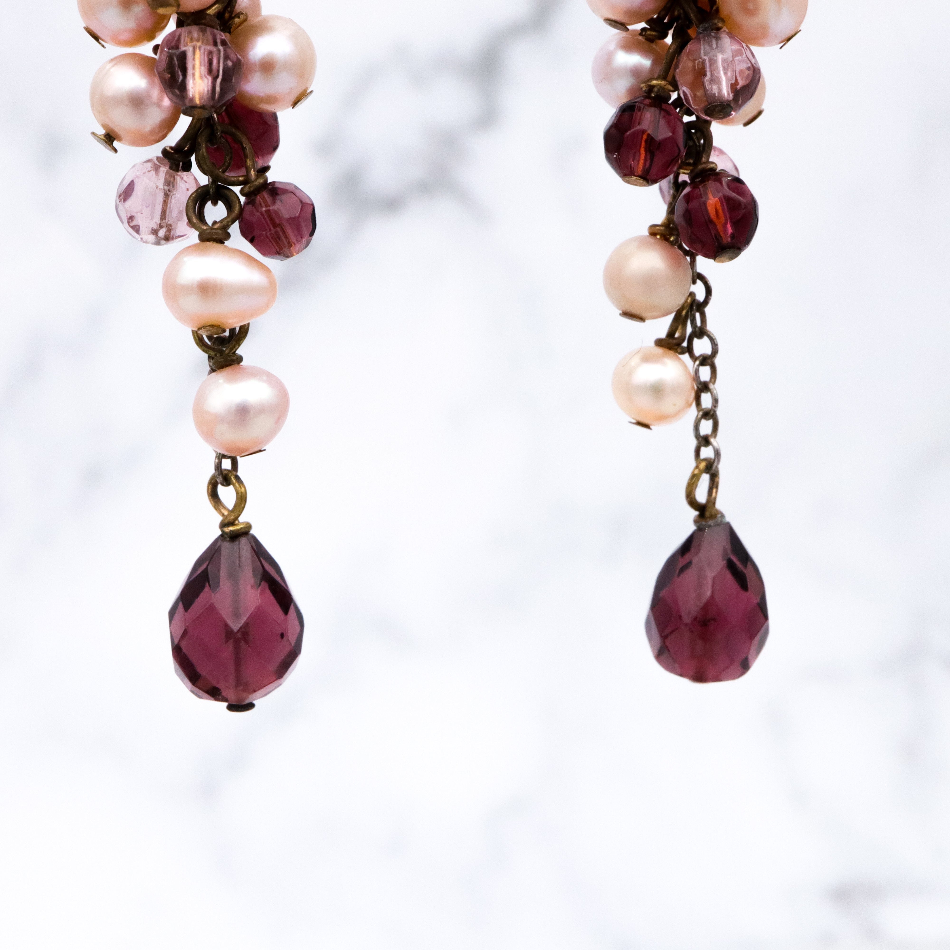 Vintage champagne pearl & amethyst glass beaded grape cluster drop earrings