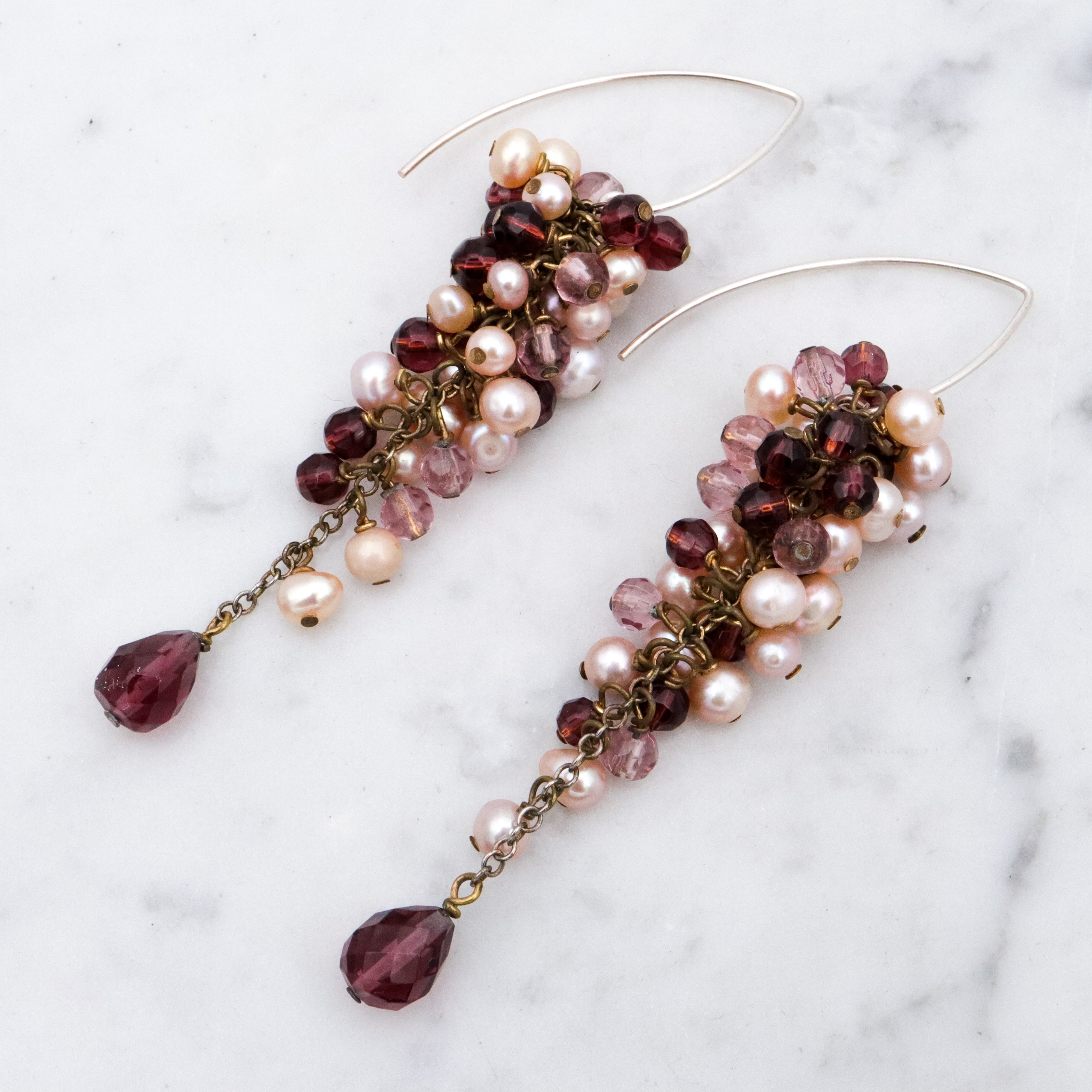 Vintage champagne pearl & amethyst glass beaded grape cluster drop earrings