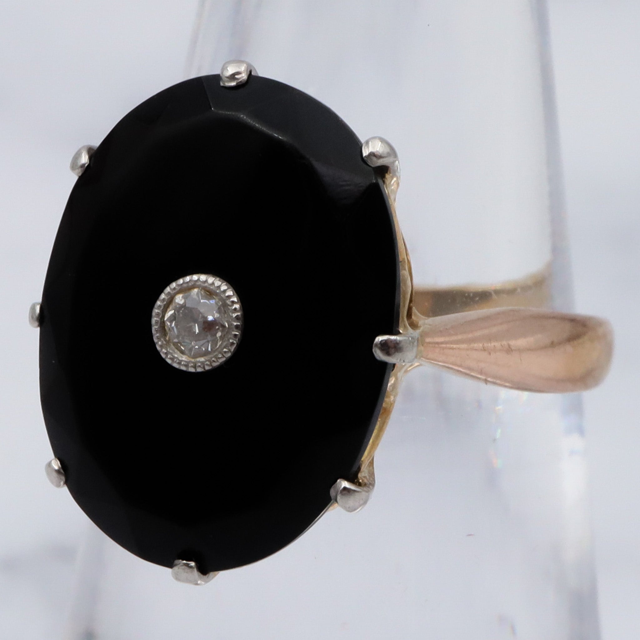 Antique Victorian 18k gold faceted onyx with old European cut diamond center with platinum tip ring, sz 6