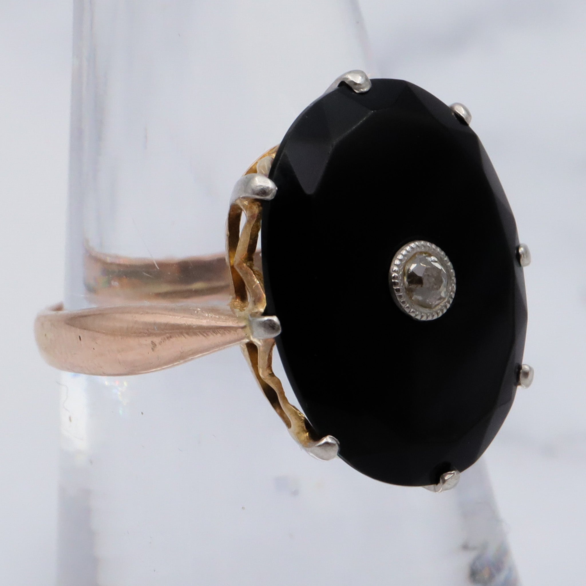 Antique Victorian 18k gold faceted onyx with old European cut diamond center with platinum tip ring, sz 6