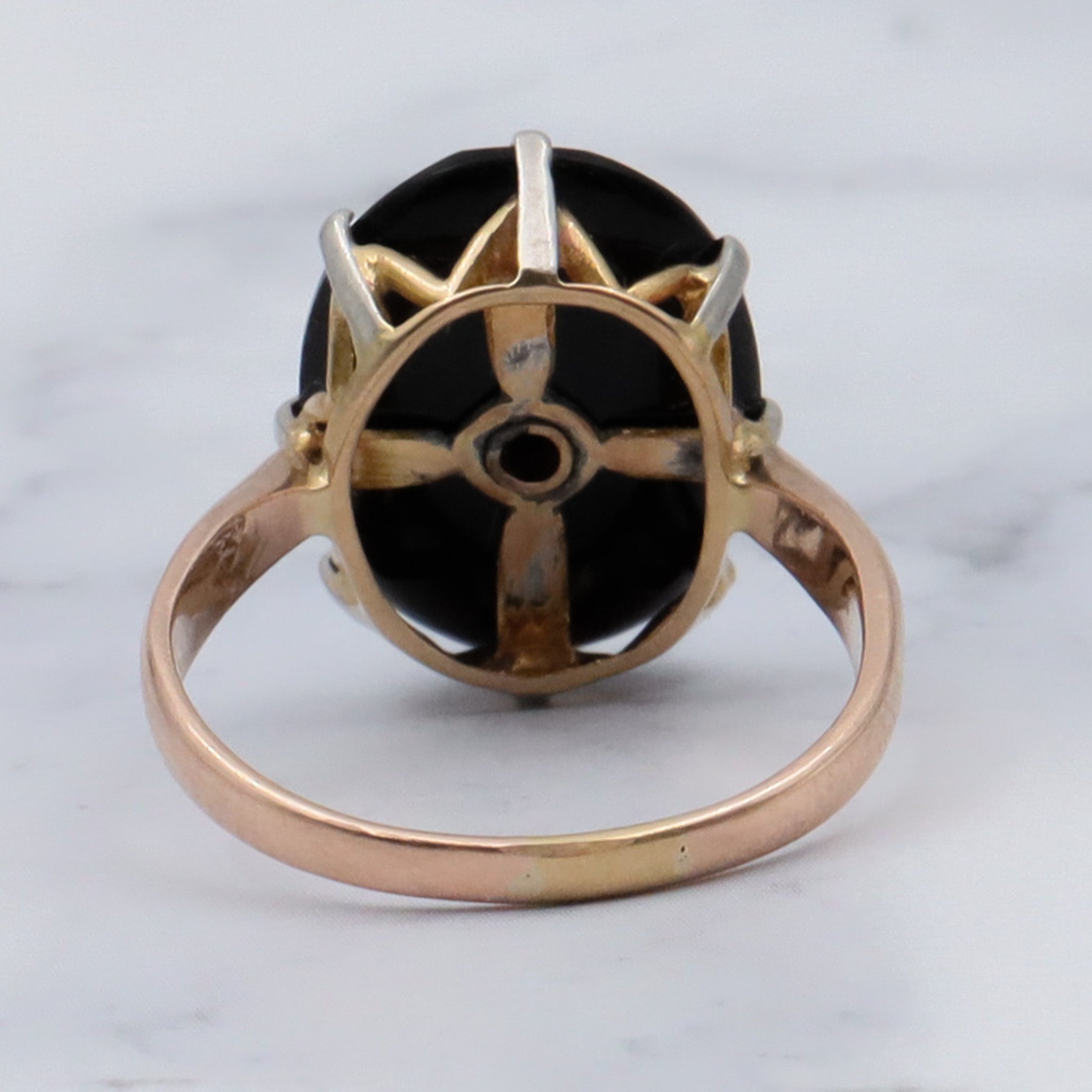 Antique Victorian 18k gold faceted onyx with old European cut diamond center with platinum tip ring, sz 6