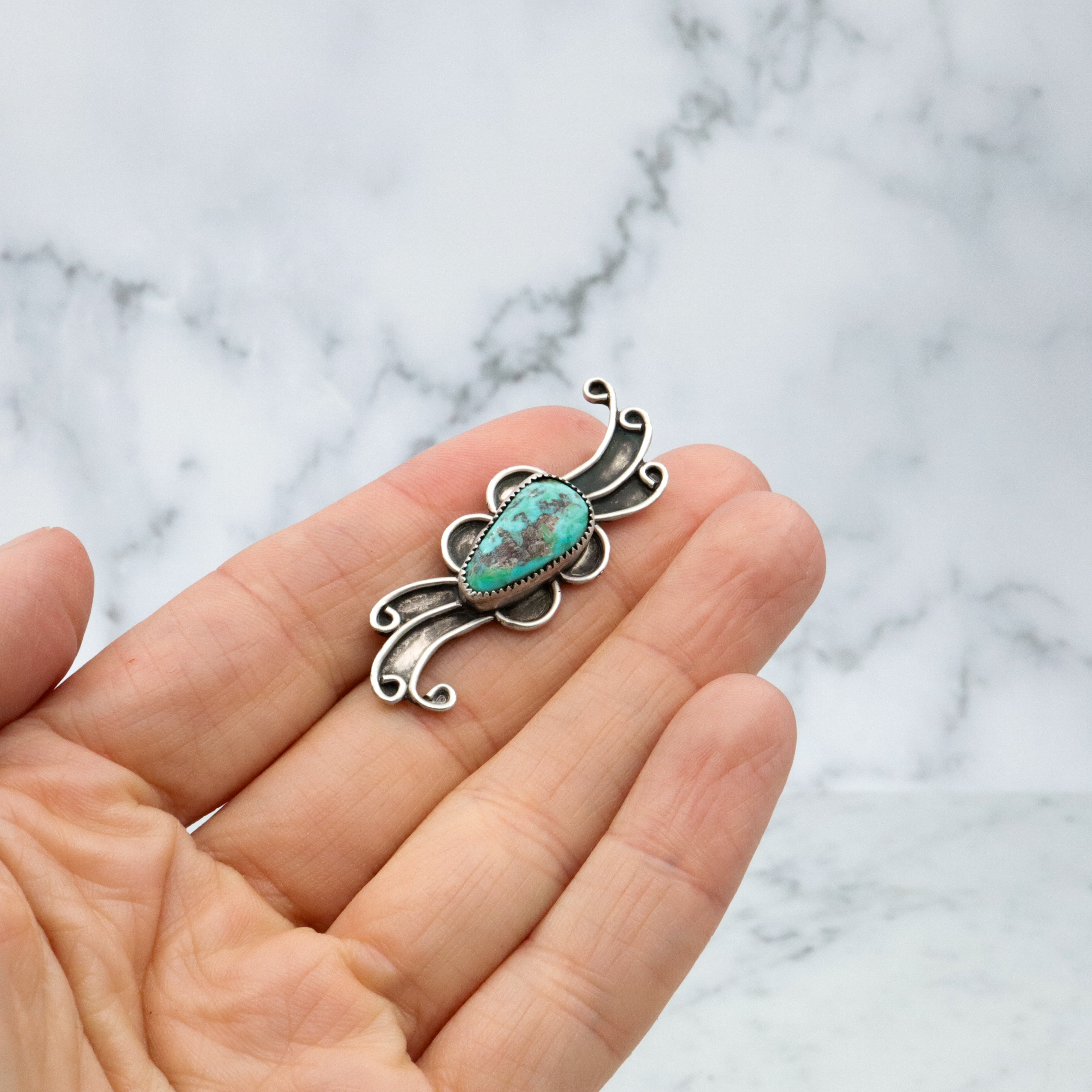 Vintage handmade Navajo turquoise sterling brooch