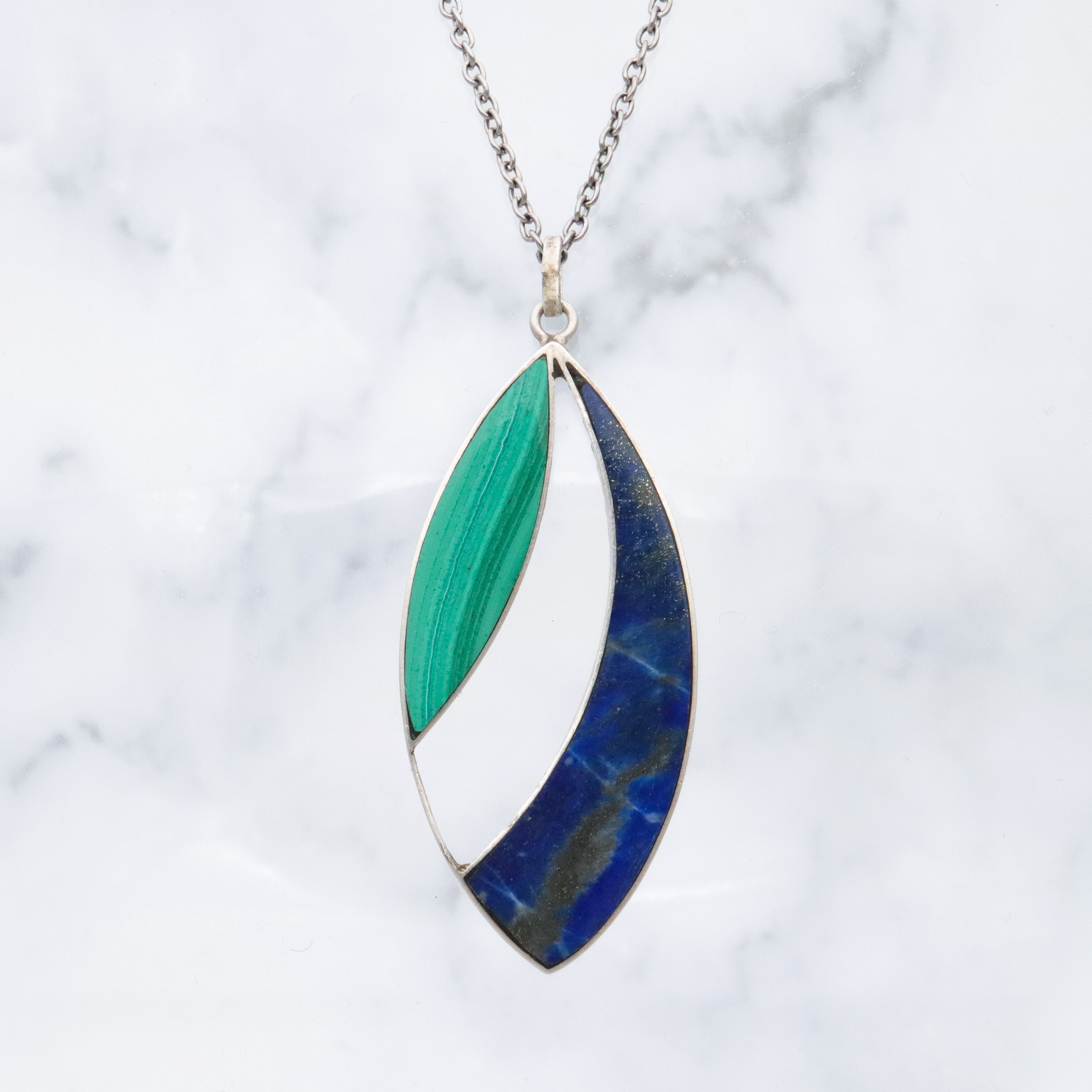 Mexican Modern lapis & malachite inlay open sterling pendant