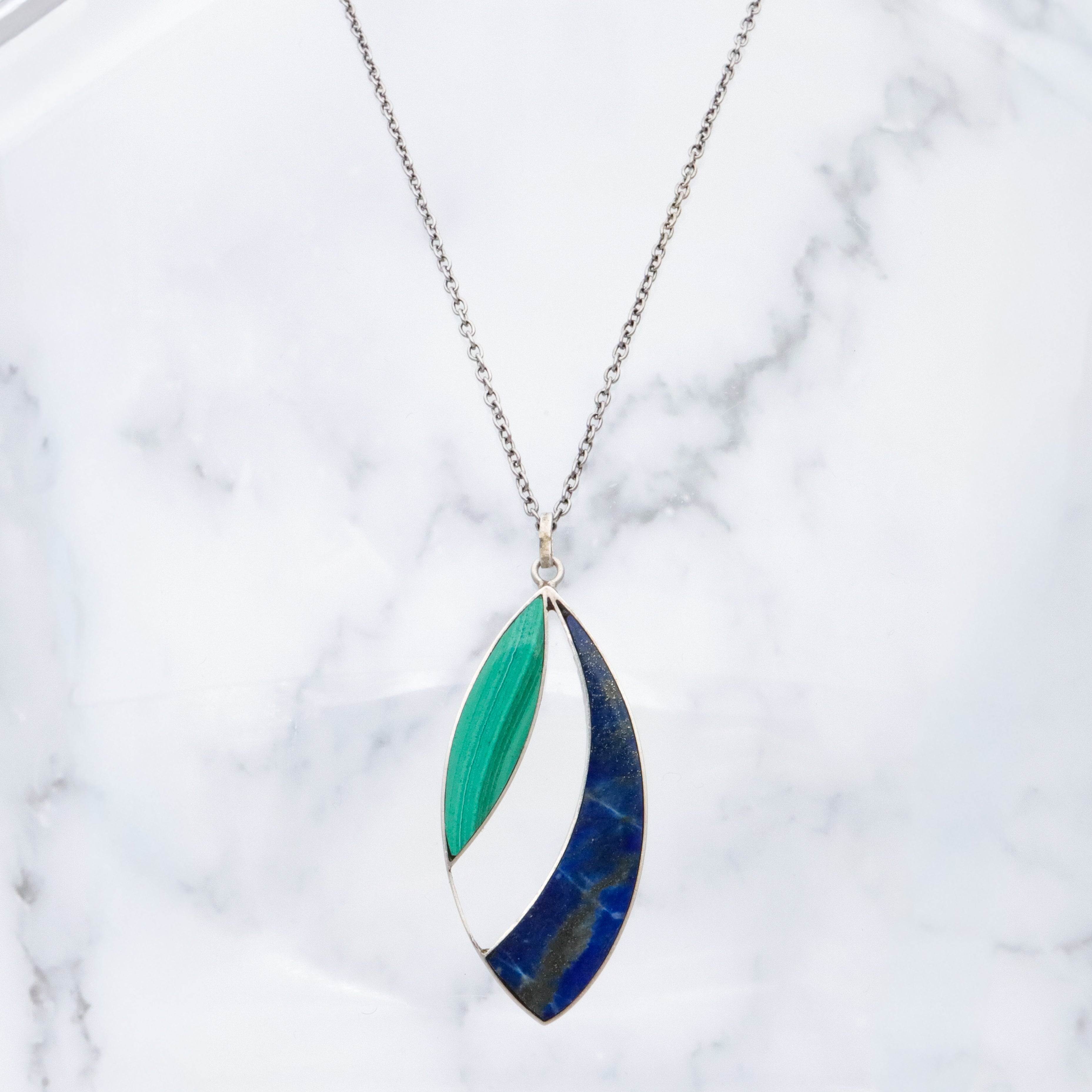 Mexican Modern lapis & malachite inlay open sterling pendant