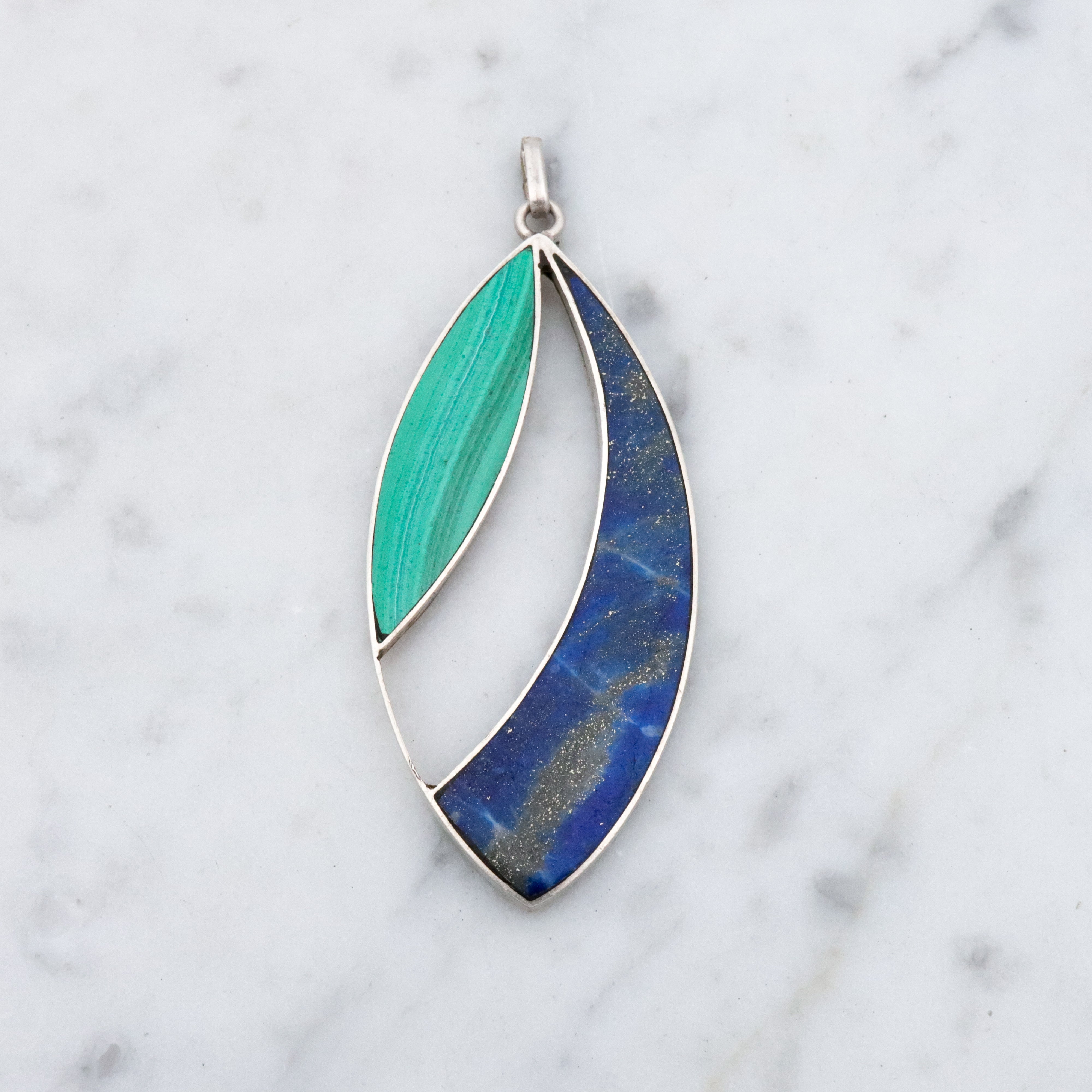 Mexican Modern lapis & malachite inlay open sterling pendant