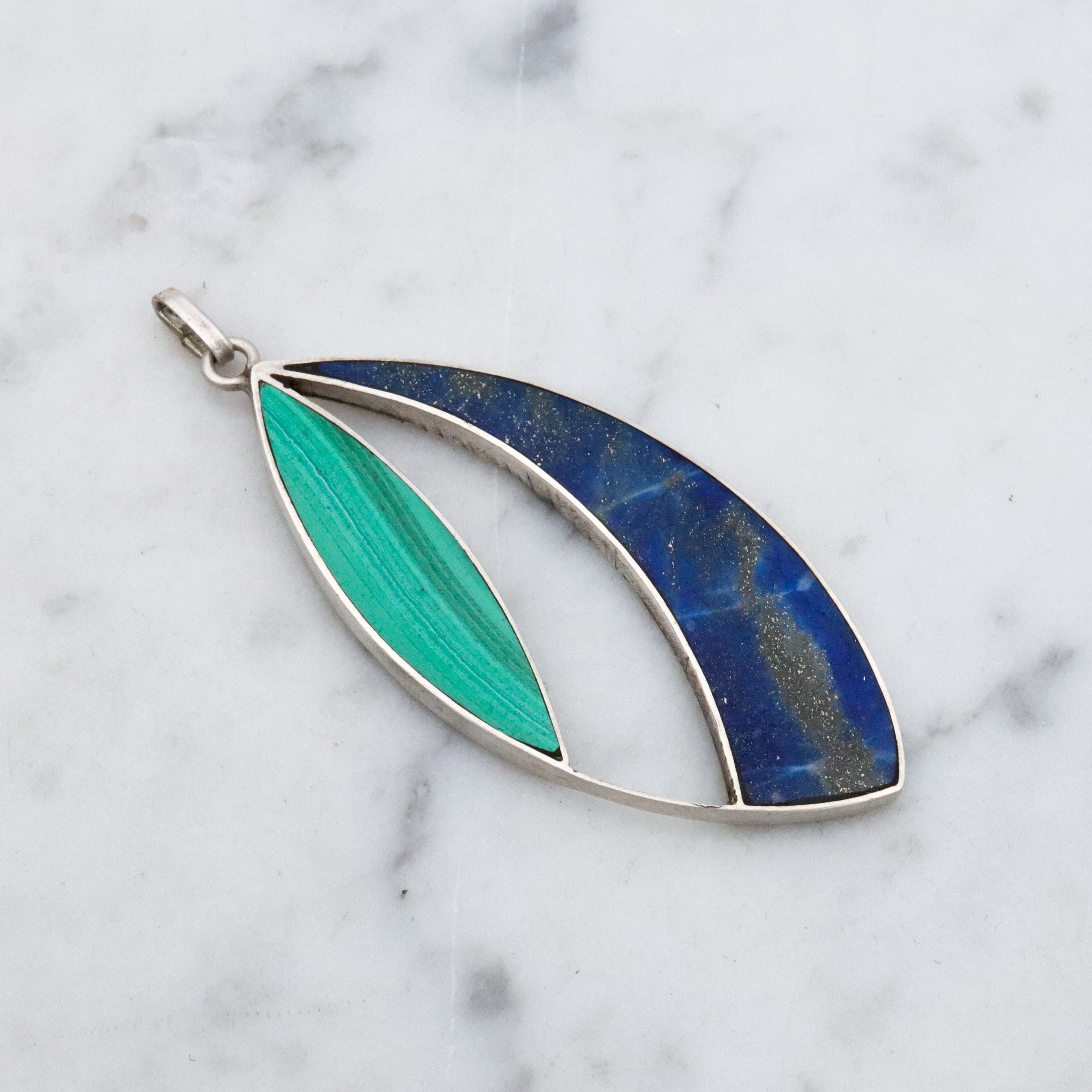 Mexican Modern lapis & malachite inlay open sterling pendant