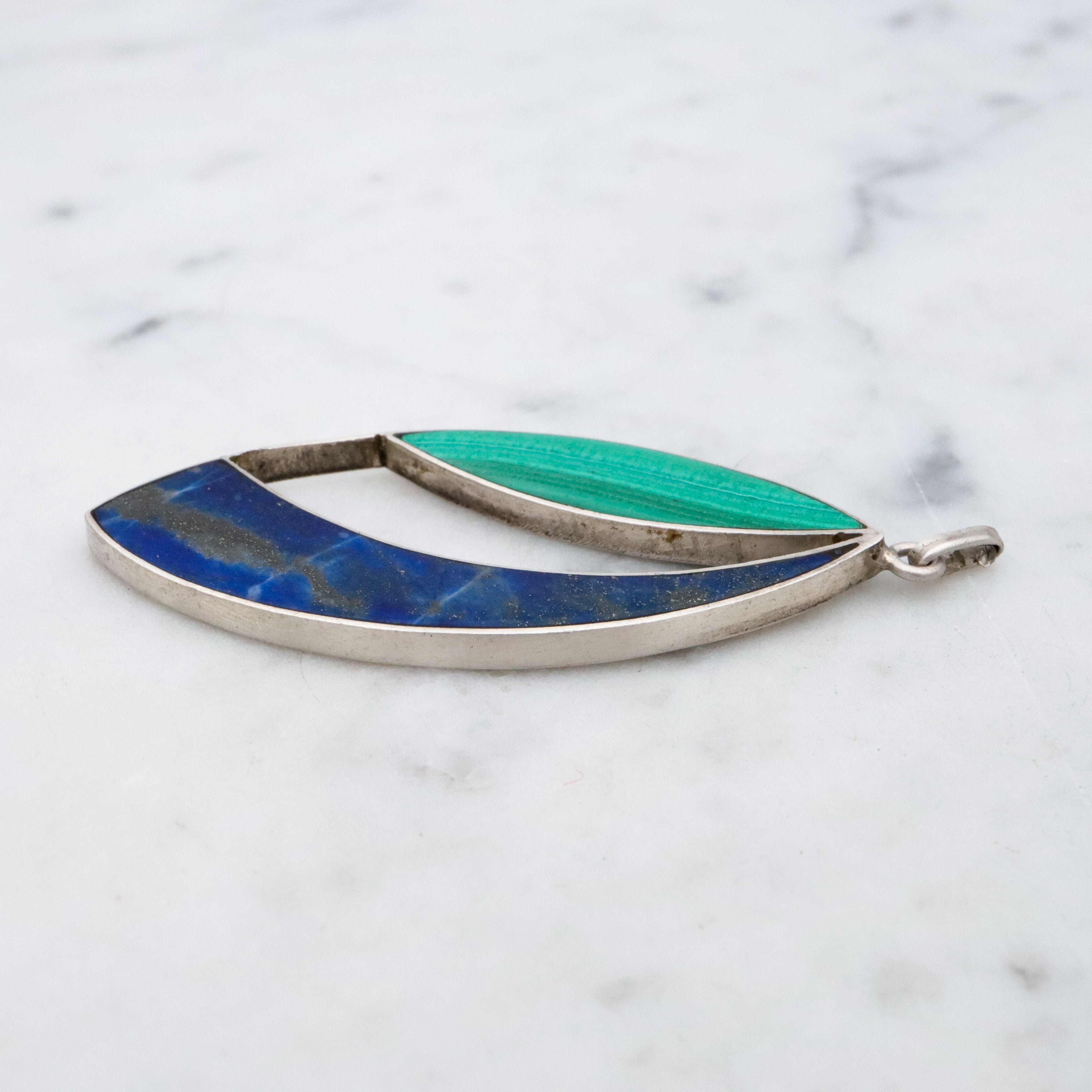 Mexican Modern lapis & malachite inlay open sterling pendant