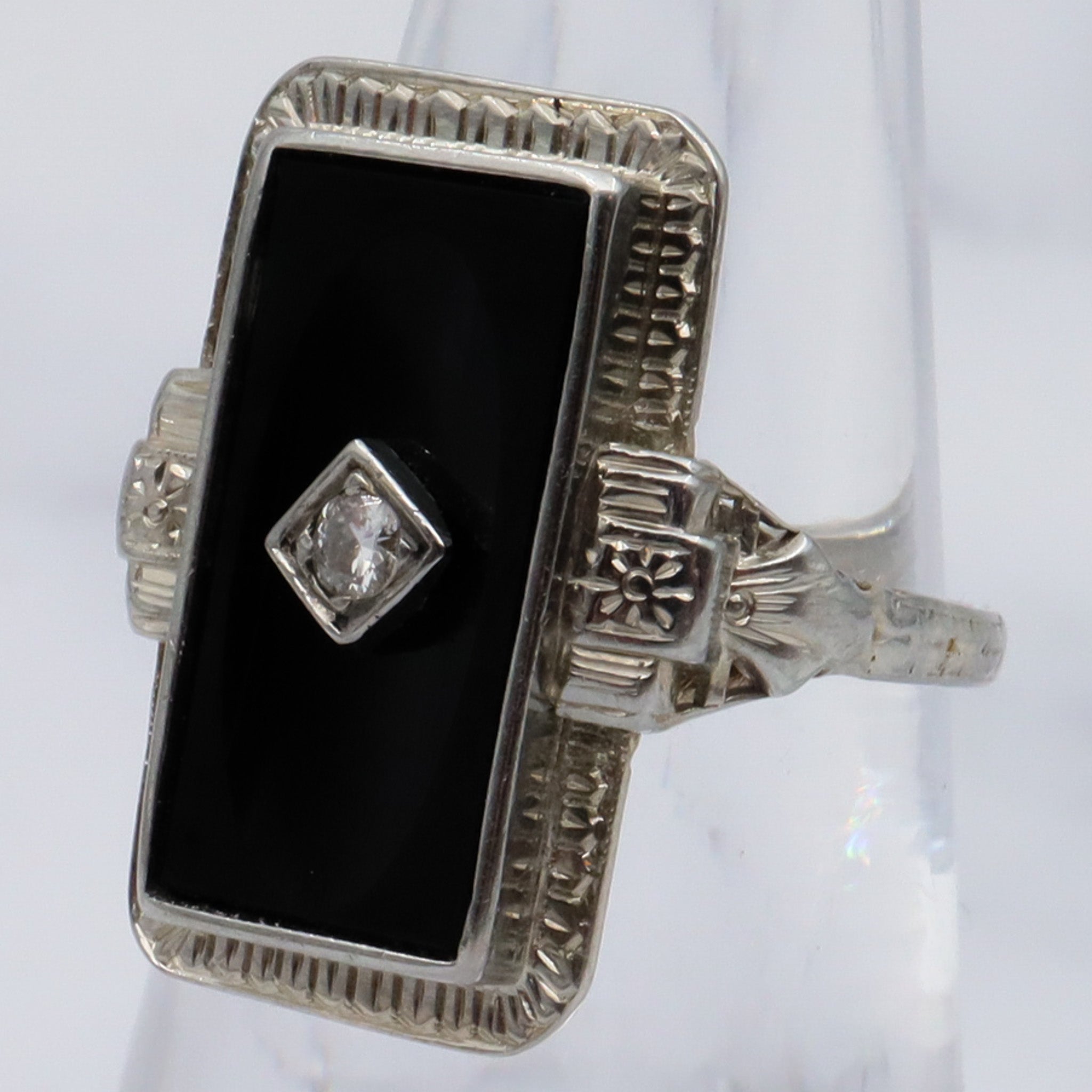 Antique Art Deco 18k white gold carved onyx signet with diamond center ring, sz 5