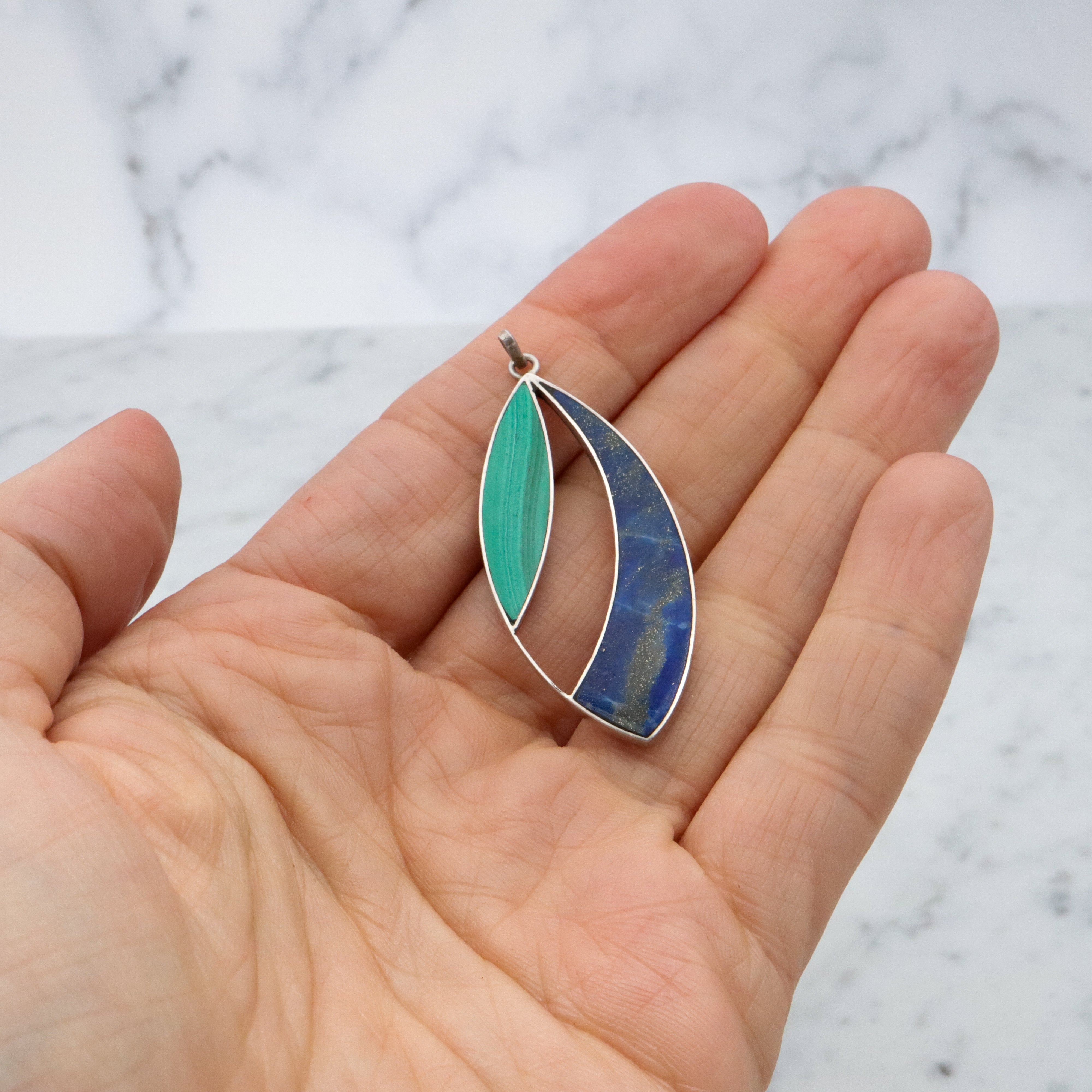 Mexican Modern lapis & malachite inlay open sterling pendant