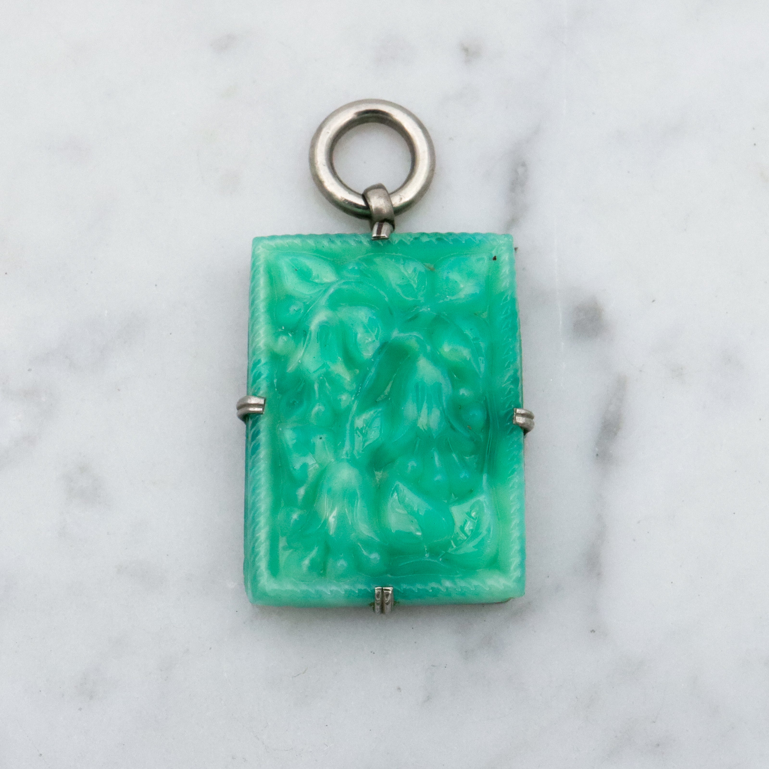 Antique Art Deco green peking glass floral tile pendant
