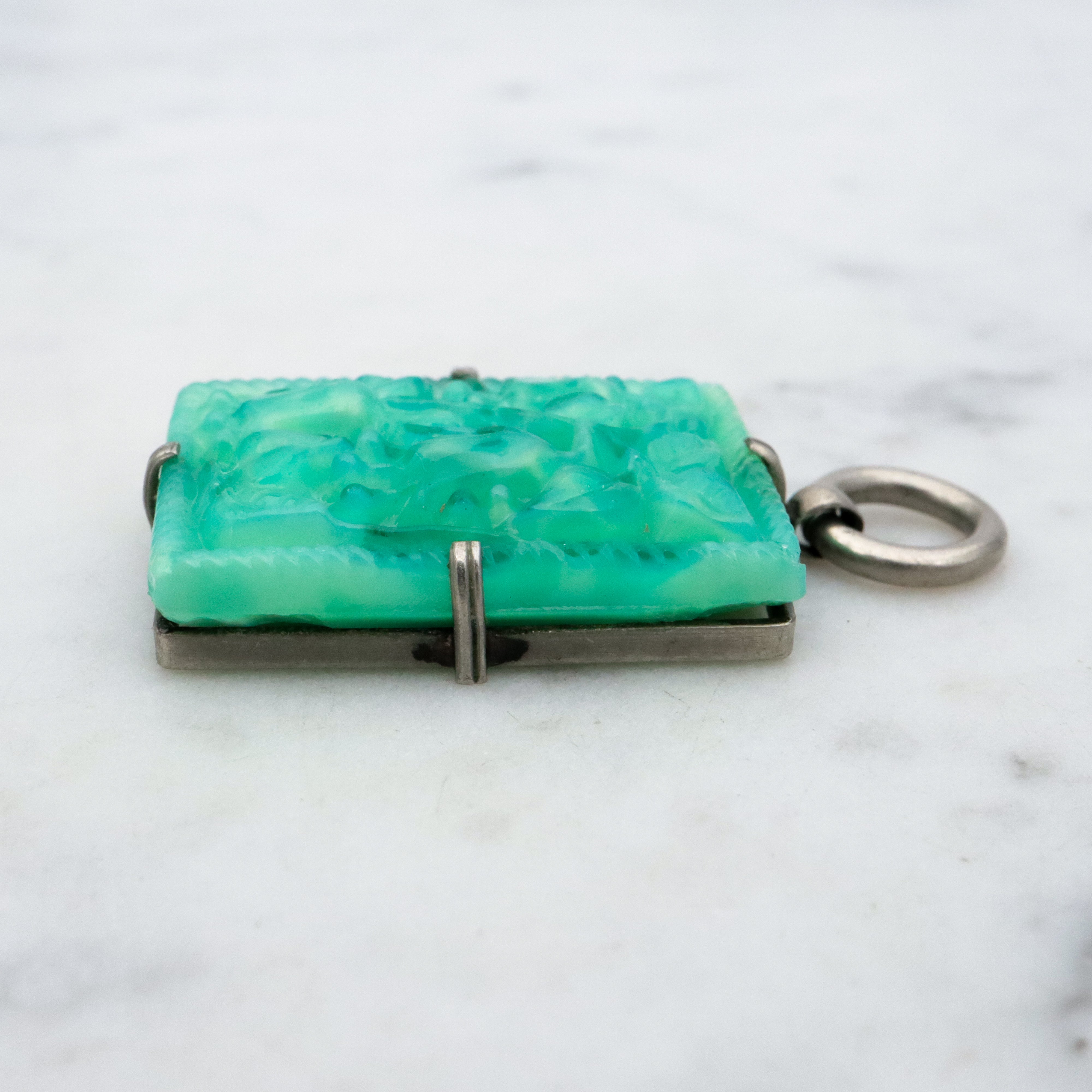 Antique Art Deco green peking glass floral tile pendant