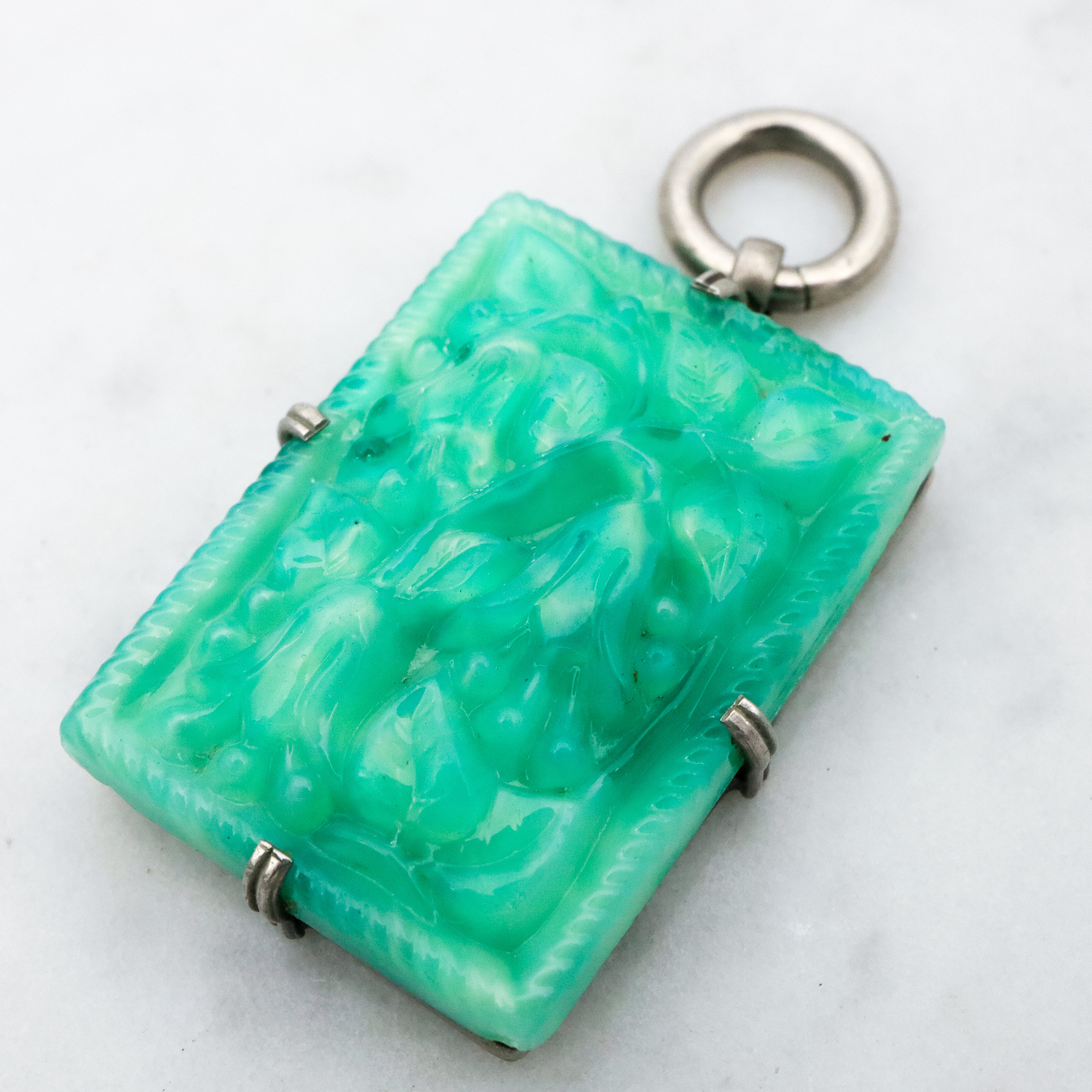 Antique Art Deco green peking glass floral tile pendant