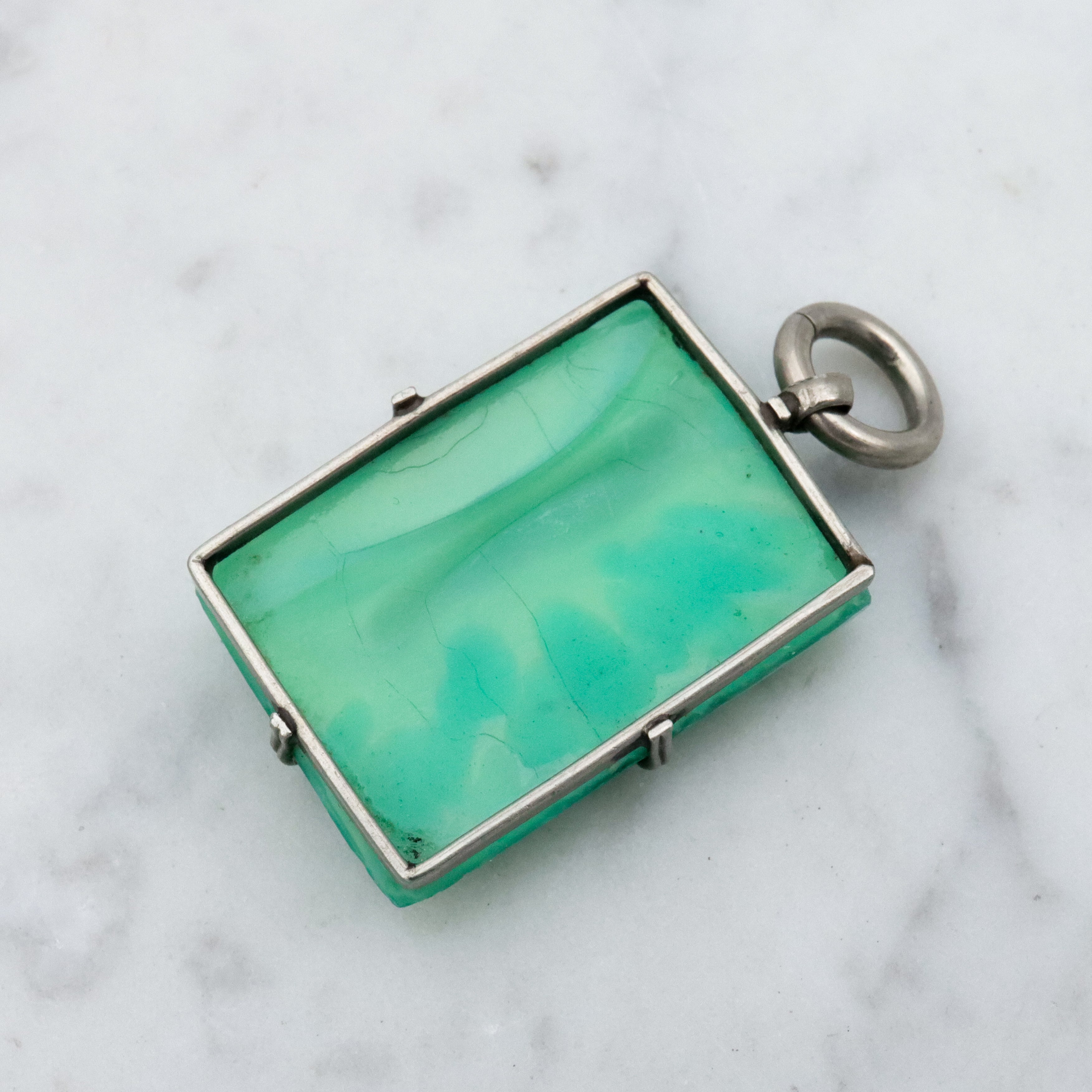 Antique Art Deco green peking glass floral tile pendant