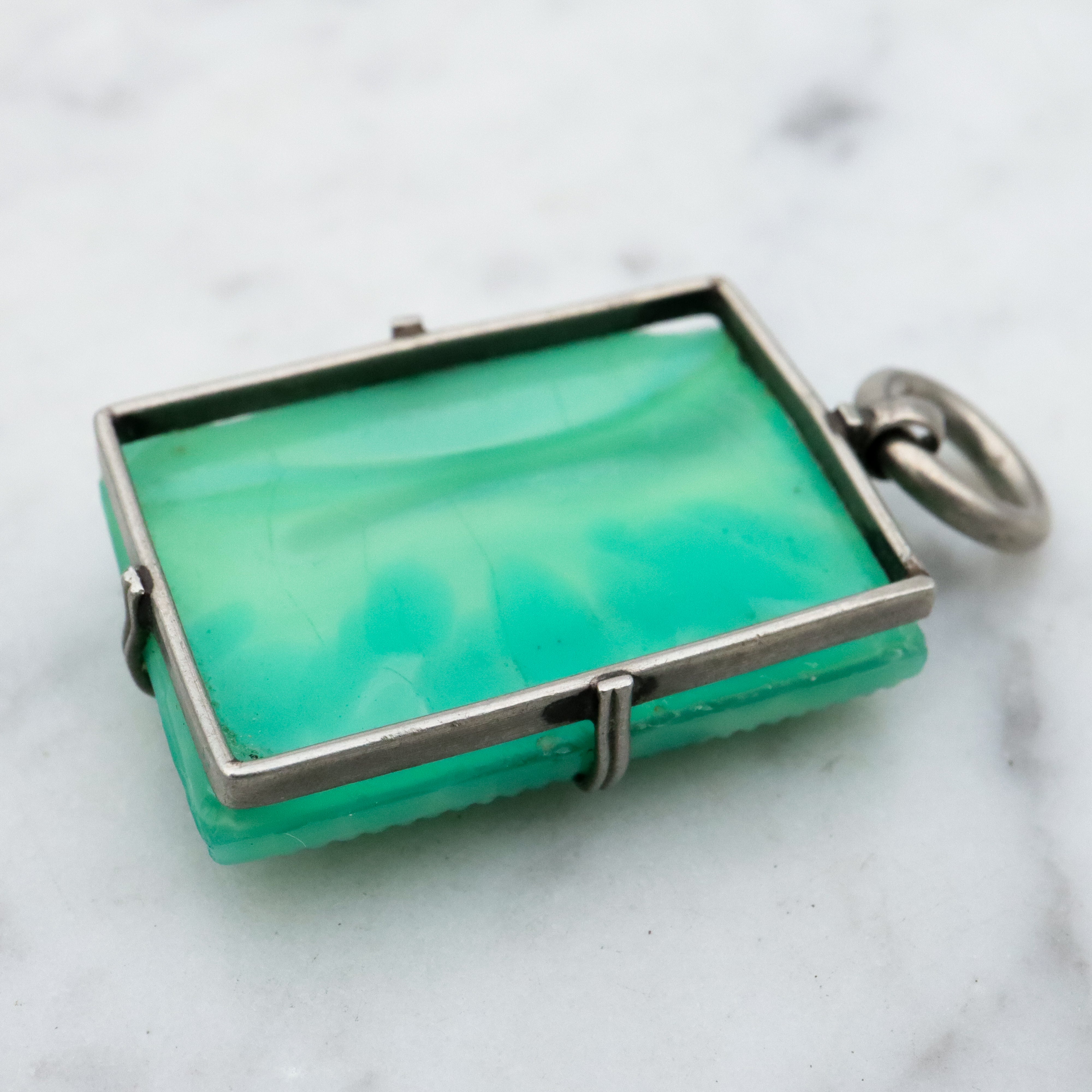 Antique Art Deco green peking glass floral tile pendant