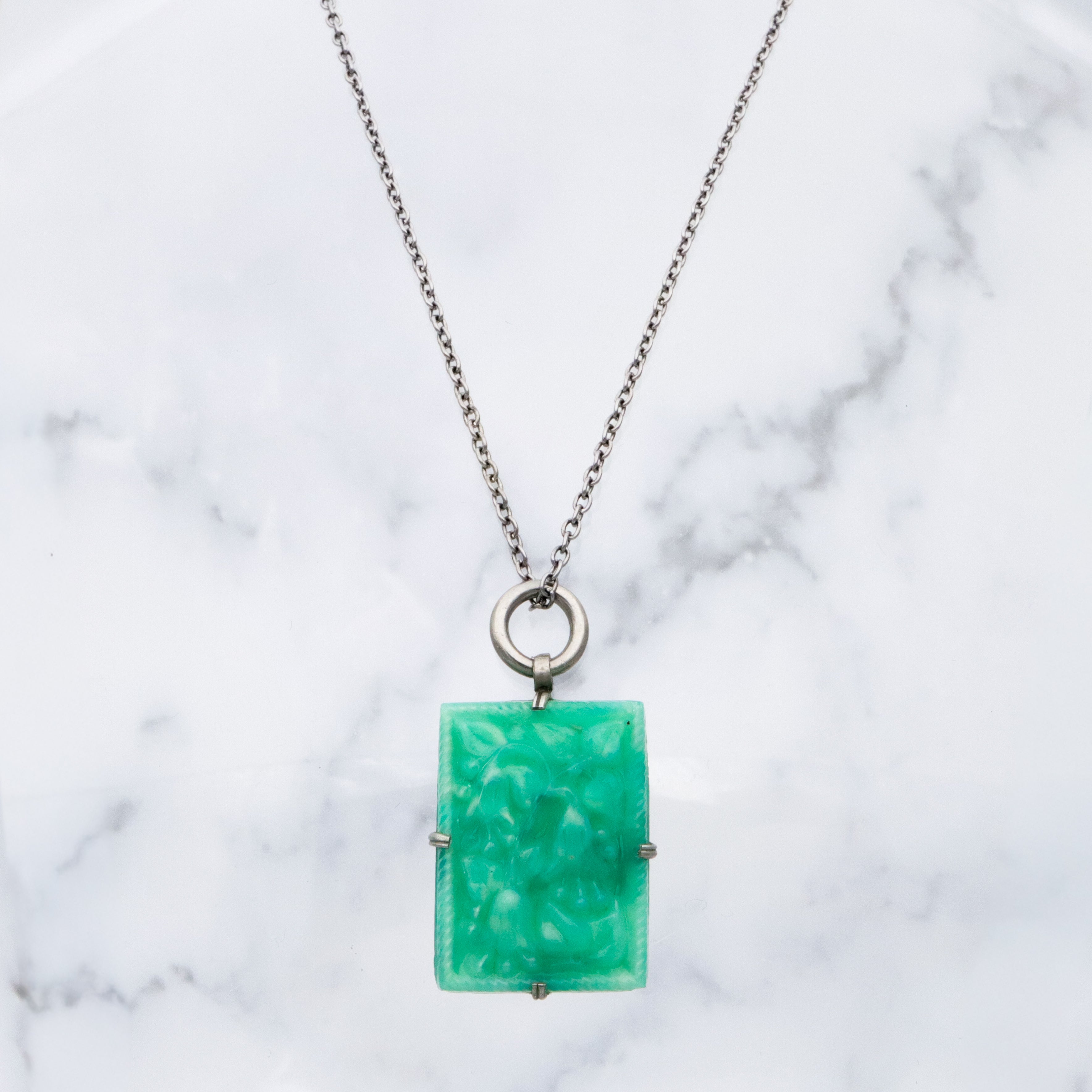 Antique Art Deco green peking glass floral tile pendant