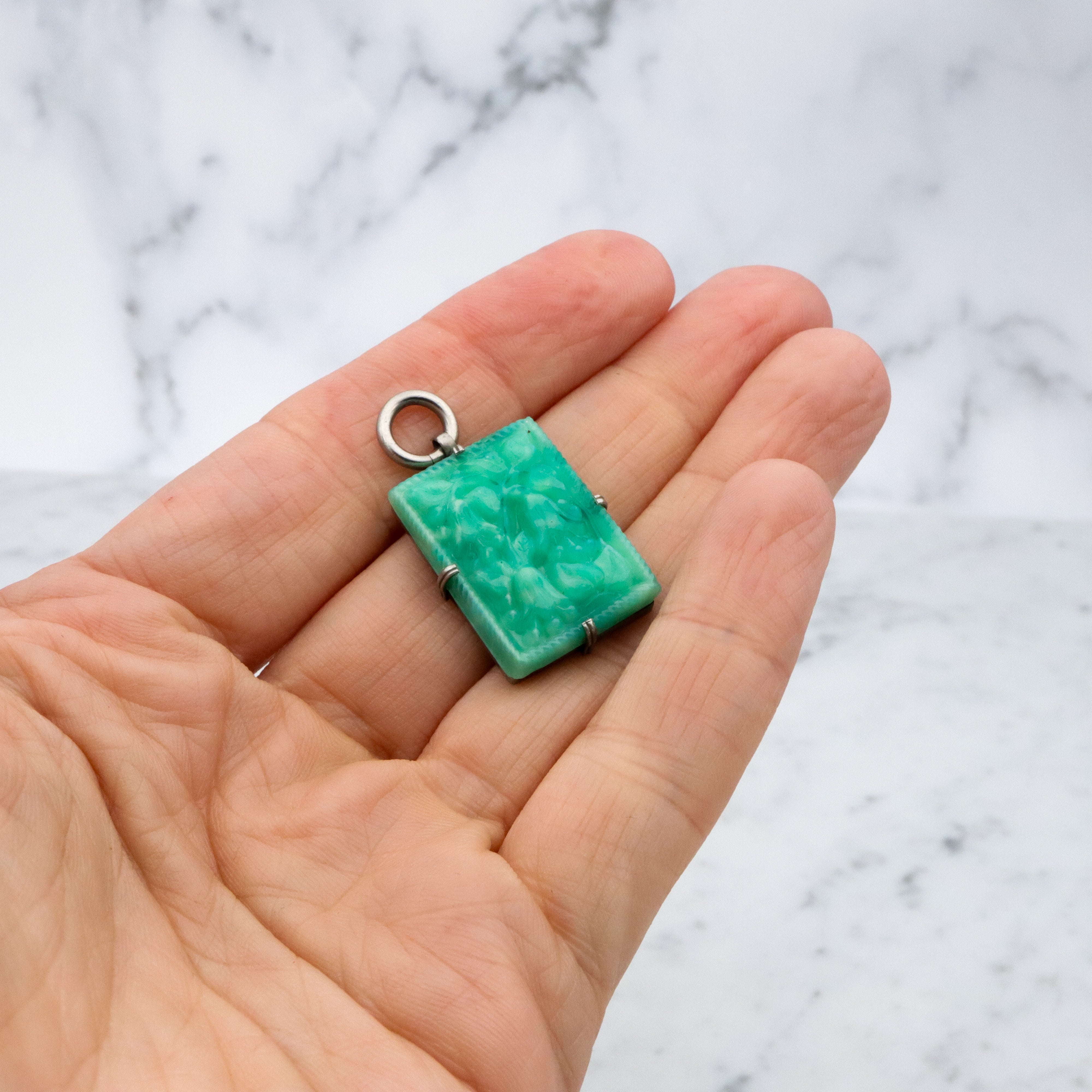 Antique Art Deco green peking glass floral tile pendant