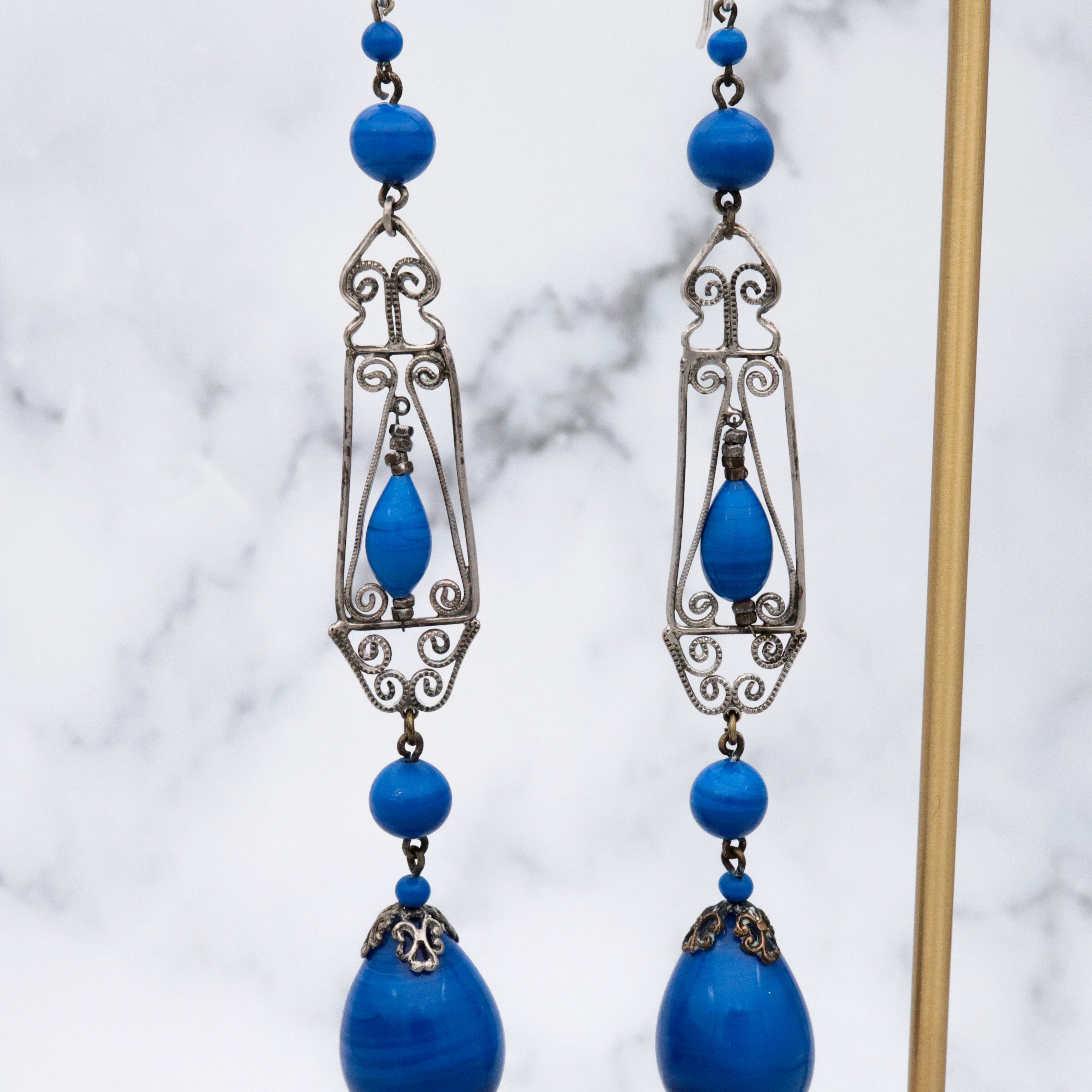 Antique Art Deco German silver filigree lapis art glass drop earrings