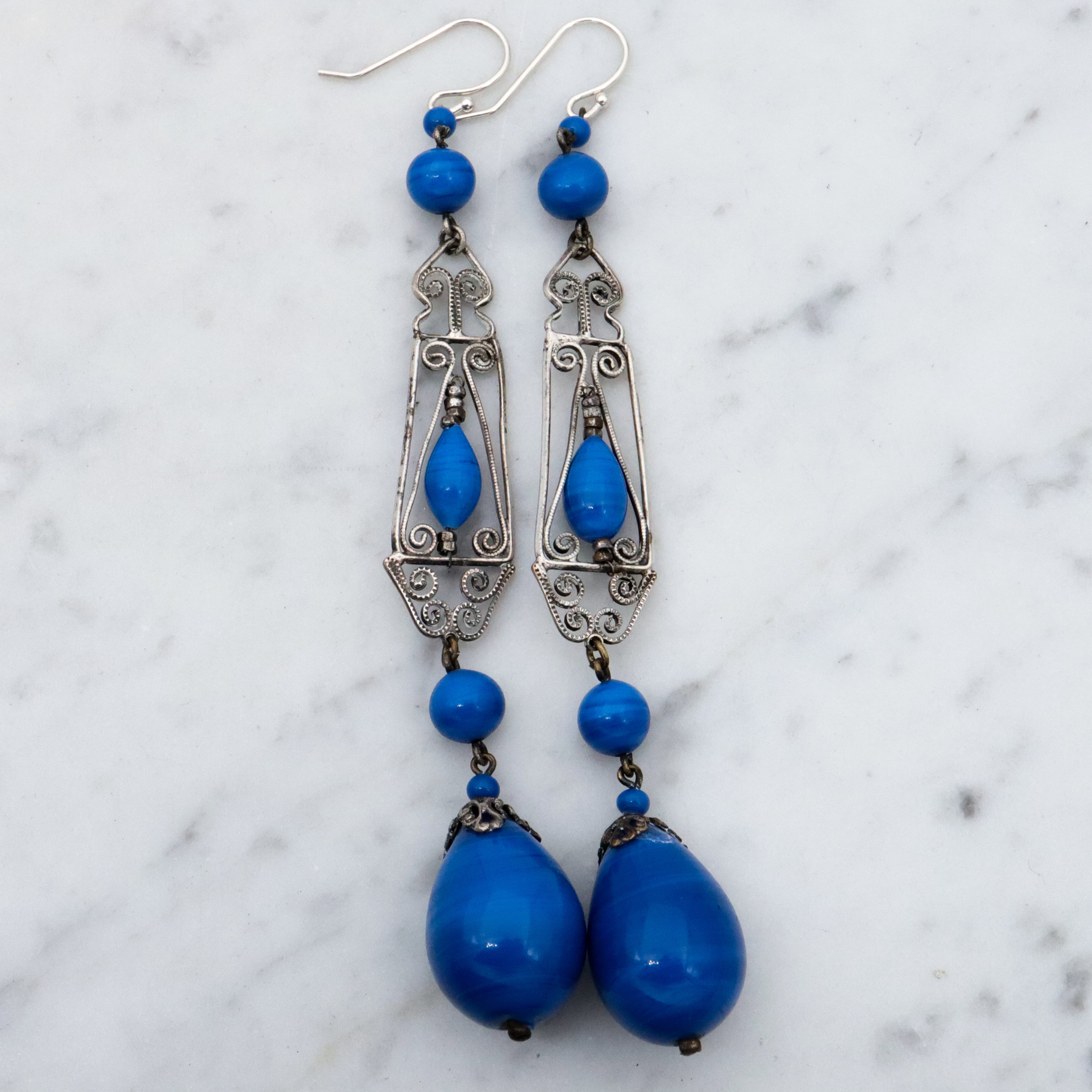Antique Art Deco German silver filigree lapis art glass drop earrings