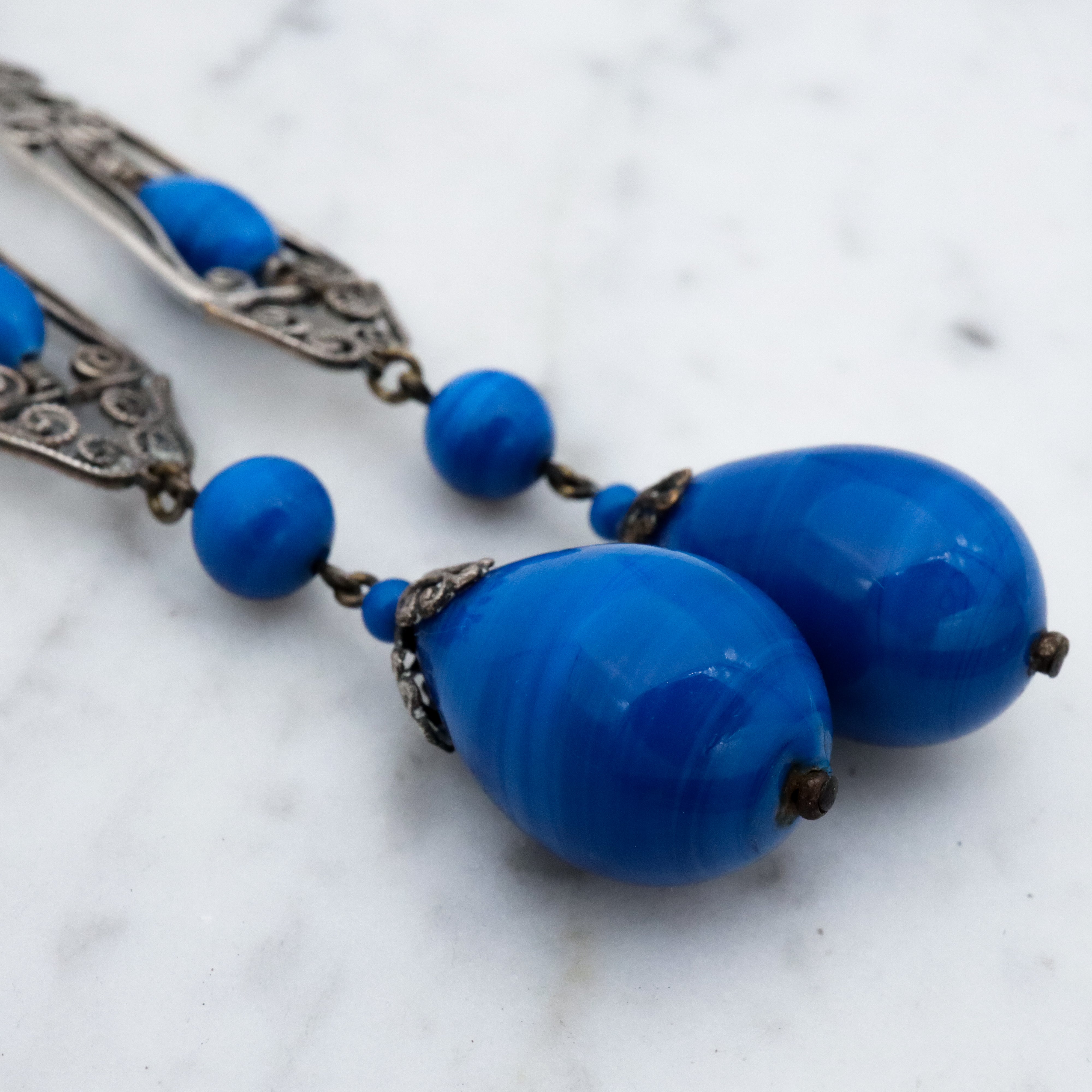 Antique Art Deco German silver filigree lapis art glass drop earrings