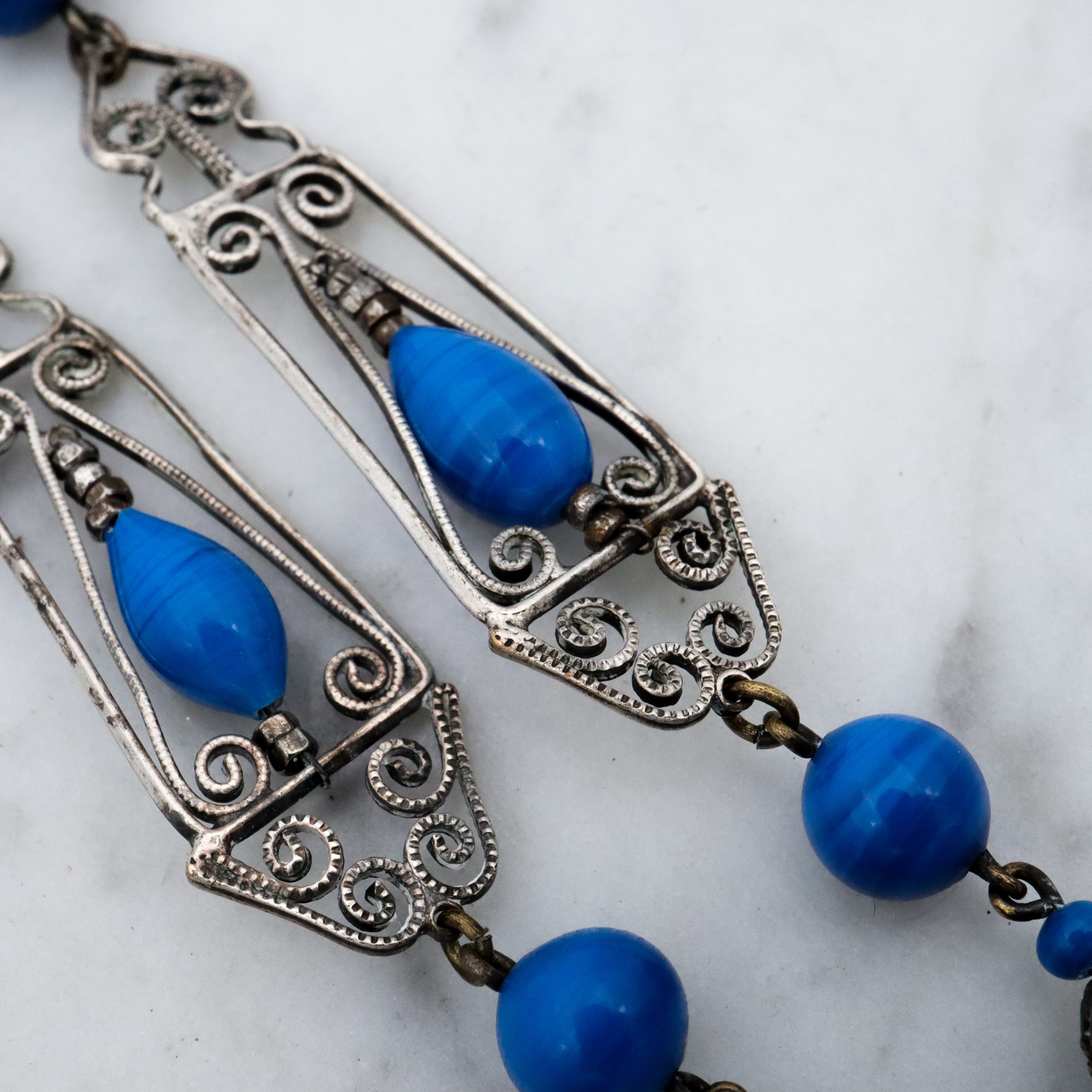 Antique Art Deco German silver filigree lapis art glass drop earrings