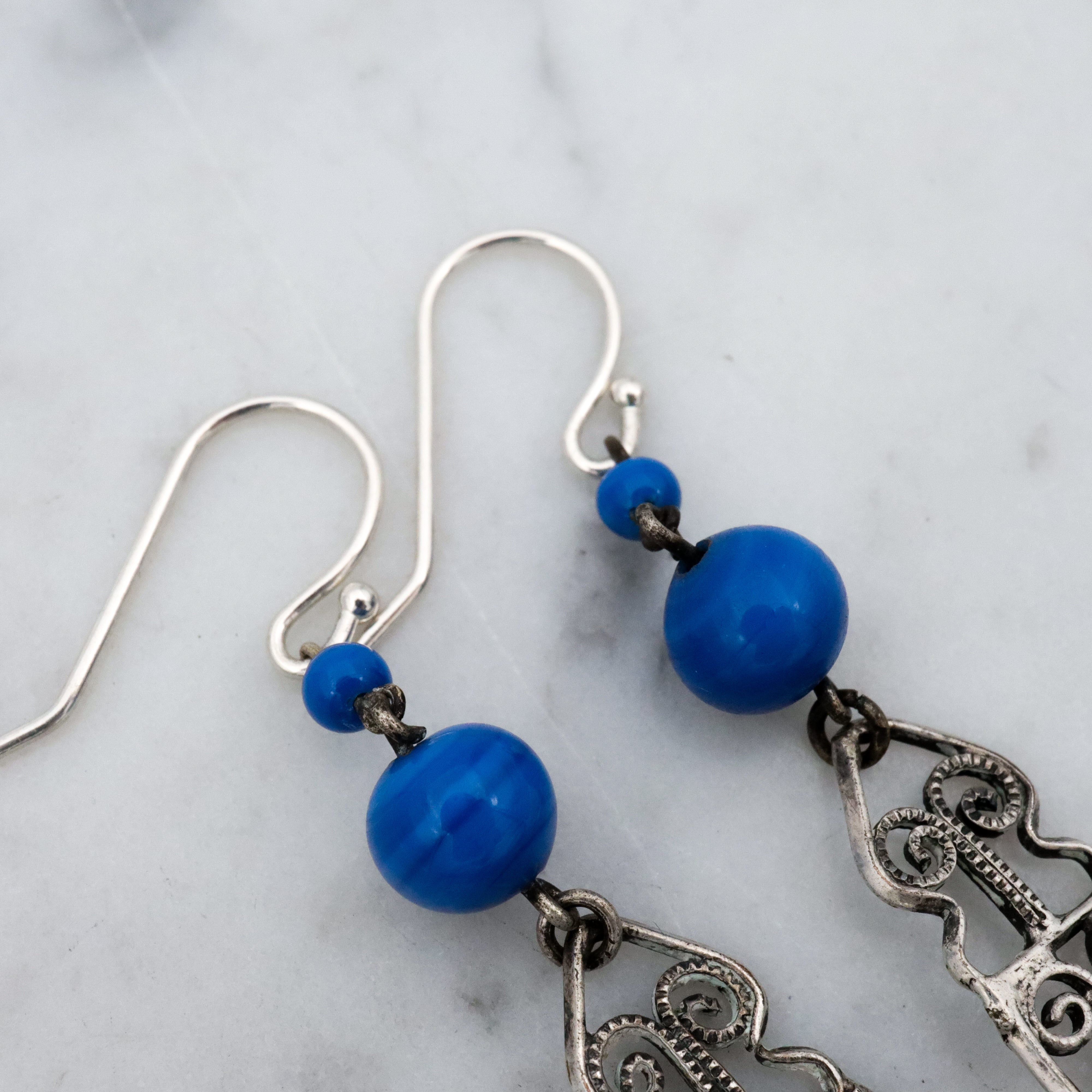 Antique Art Deco German silver filigree lapis art glass drop earrings
