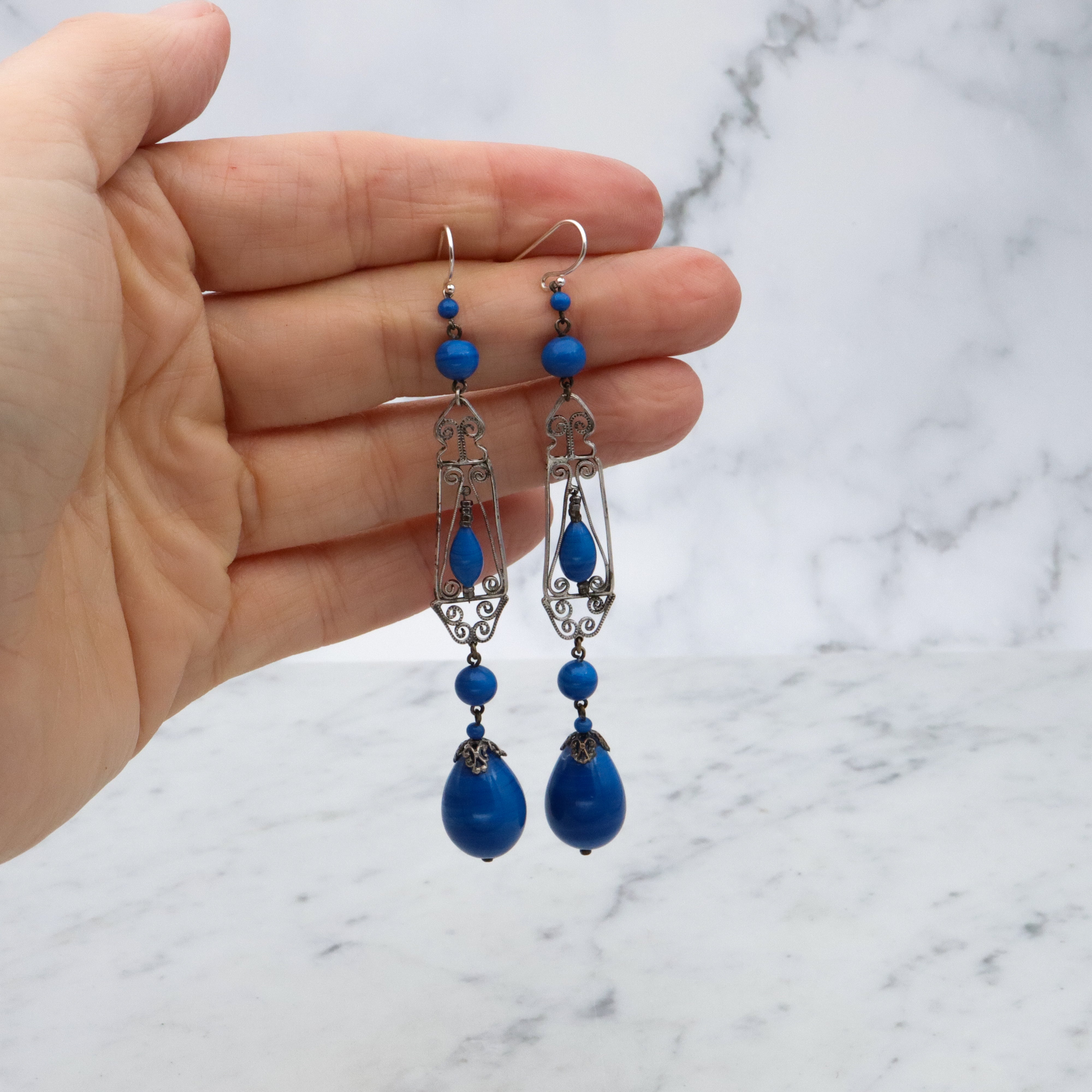 Antique Art Deco German silver filigree lapis art glass drop earrings