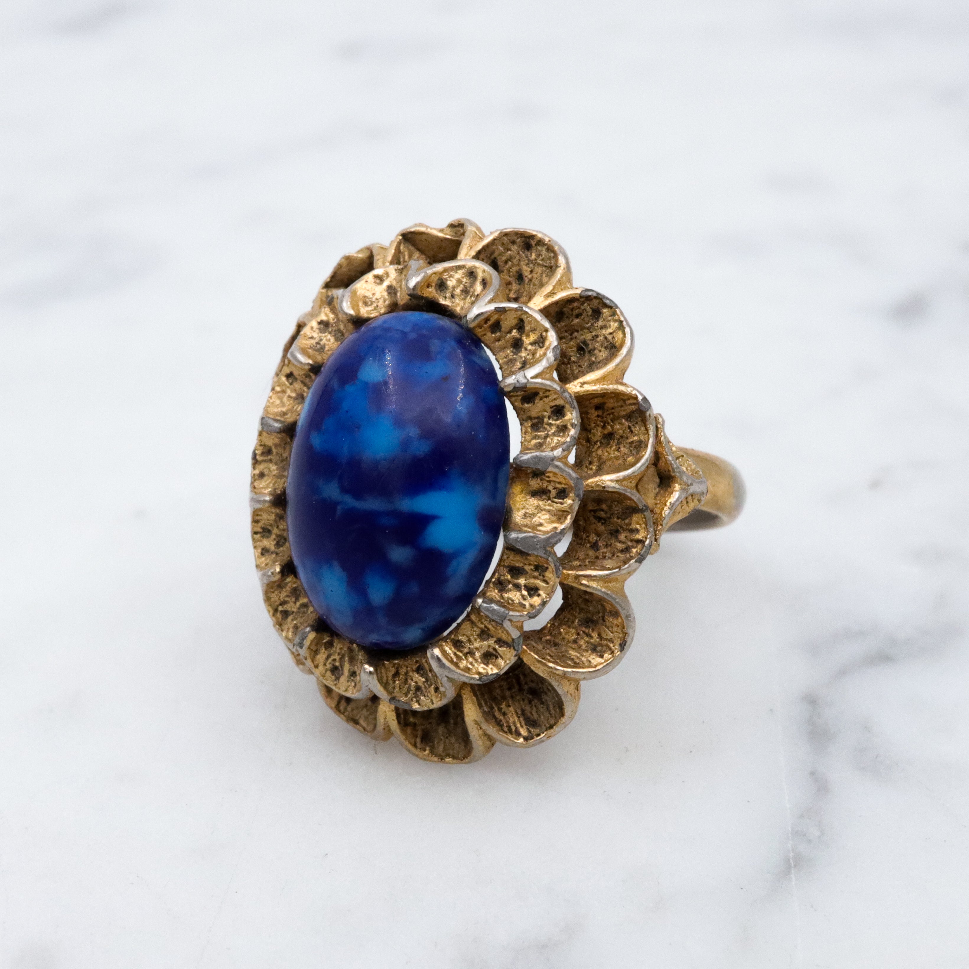 Vintage lapis glass gilt metal filigree halo cocktail ring, size 6