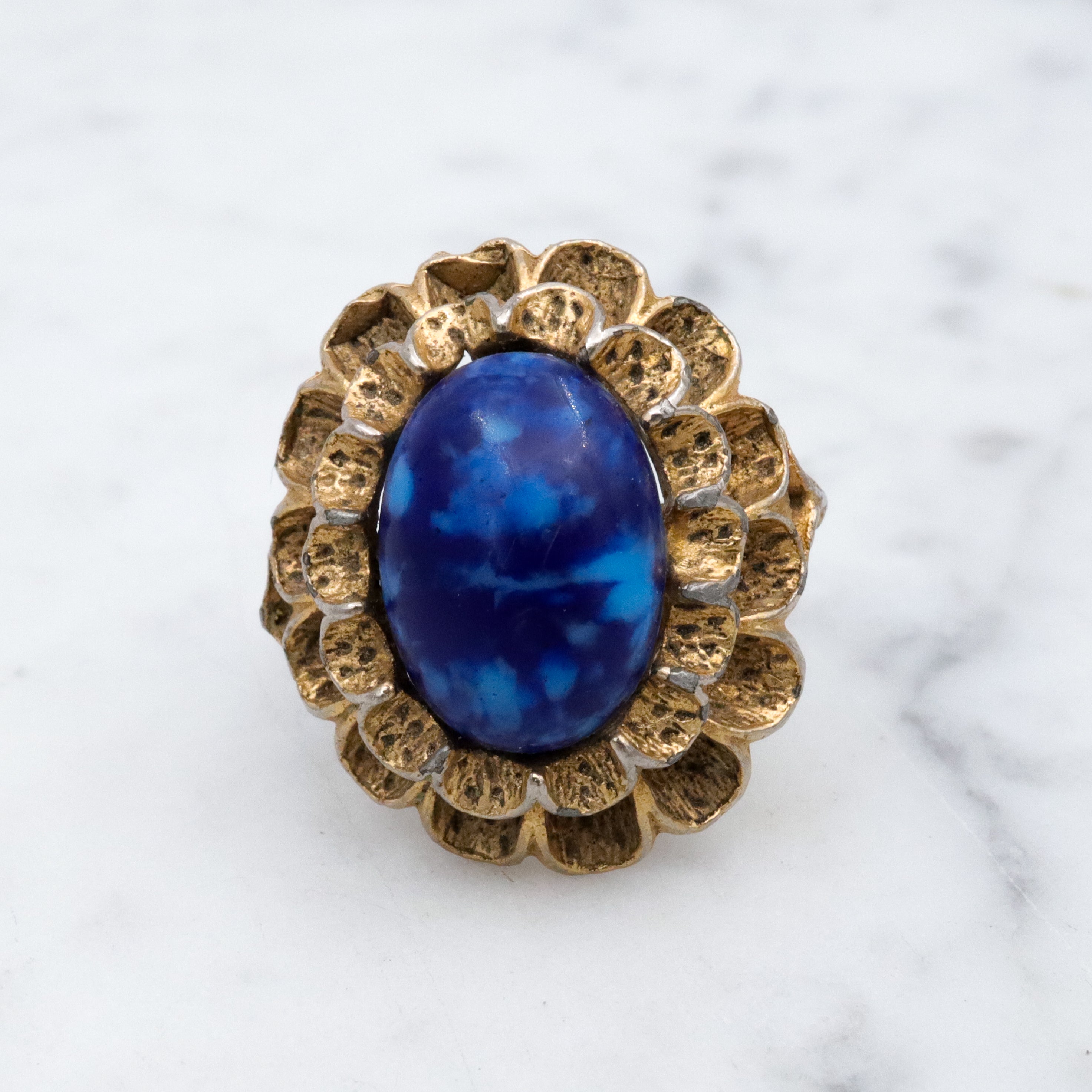 Vintage lapis glass gilt metal filigree halo cocktail ring, size 6
